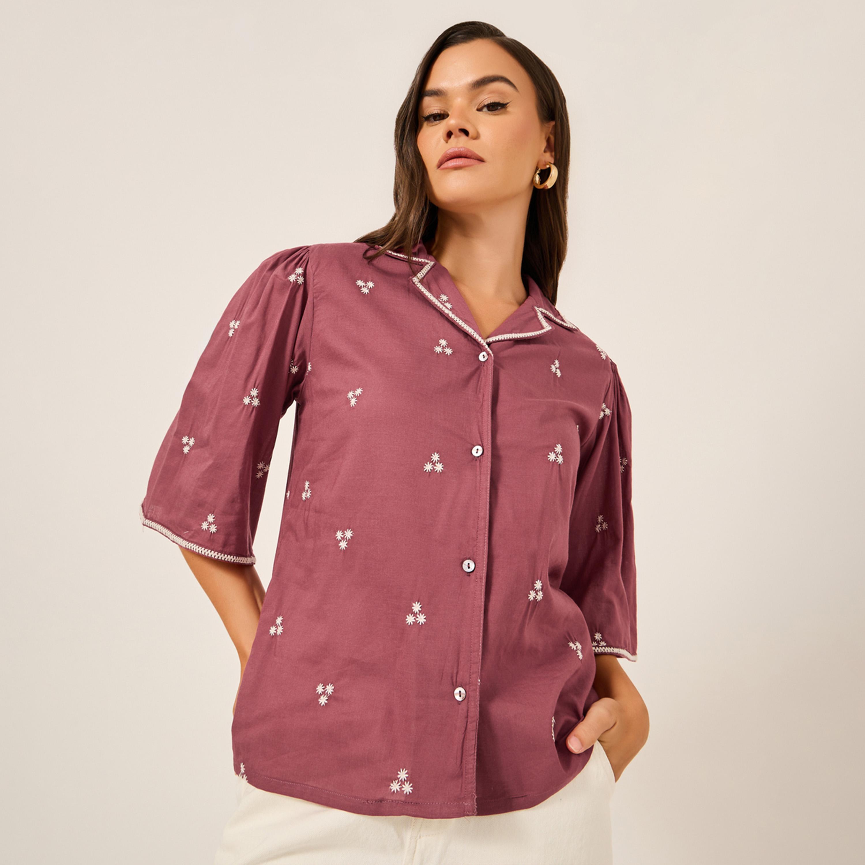 Styli Embroidered Notch Lapel Buttoned Top with Flared Sleeves-women-clothing-shirtsandblouses-blouses-image-1