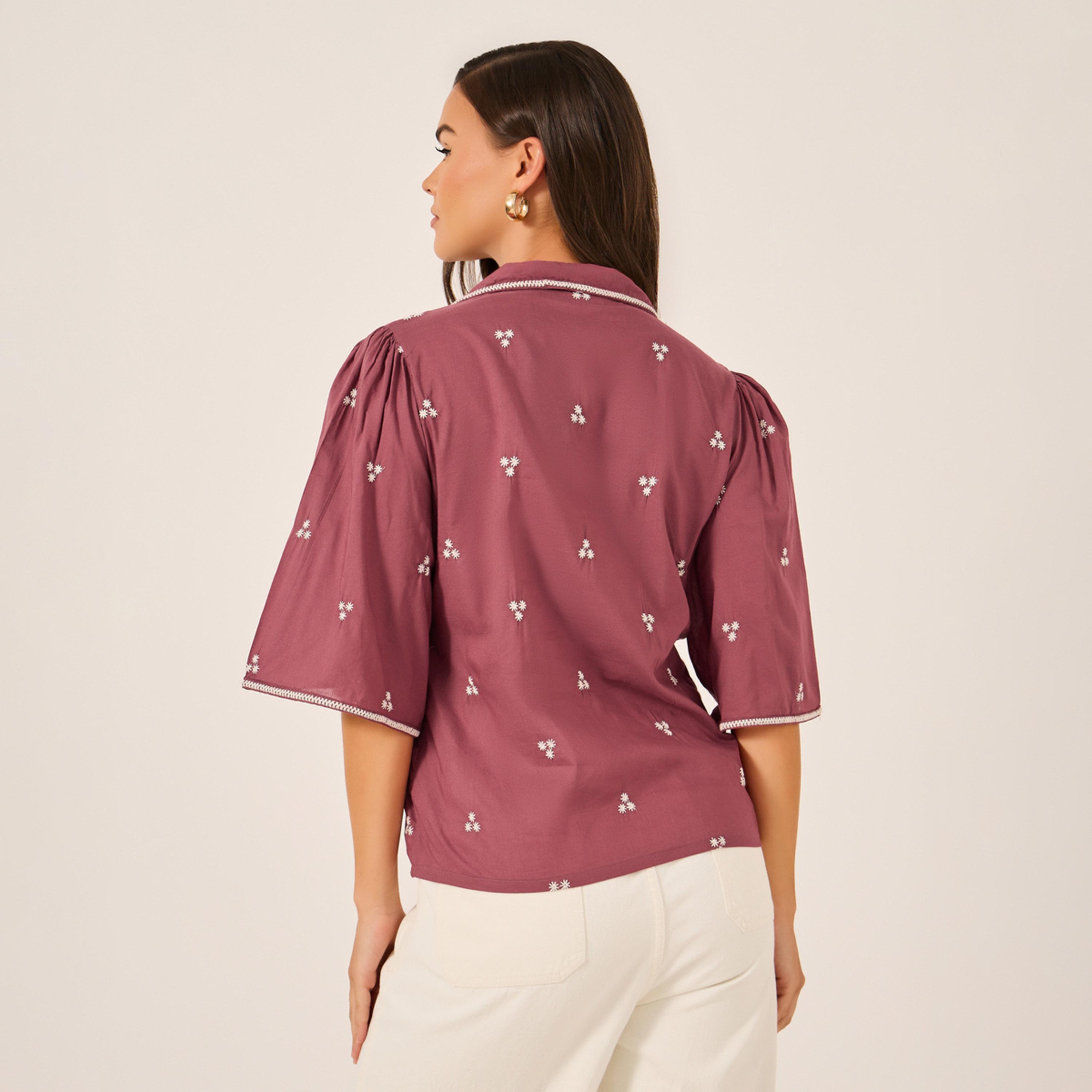 ستايلي - بلوزة مطرزة بفتحة صدر وأزرار وأكمام واسعة-women-clothing-shirtsandblouses-blouses-image-5