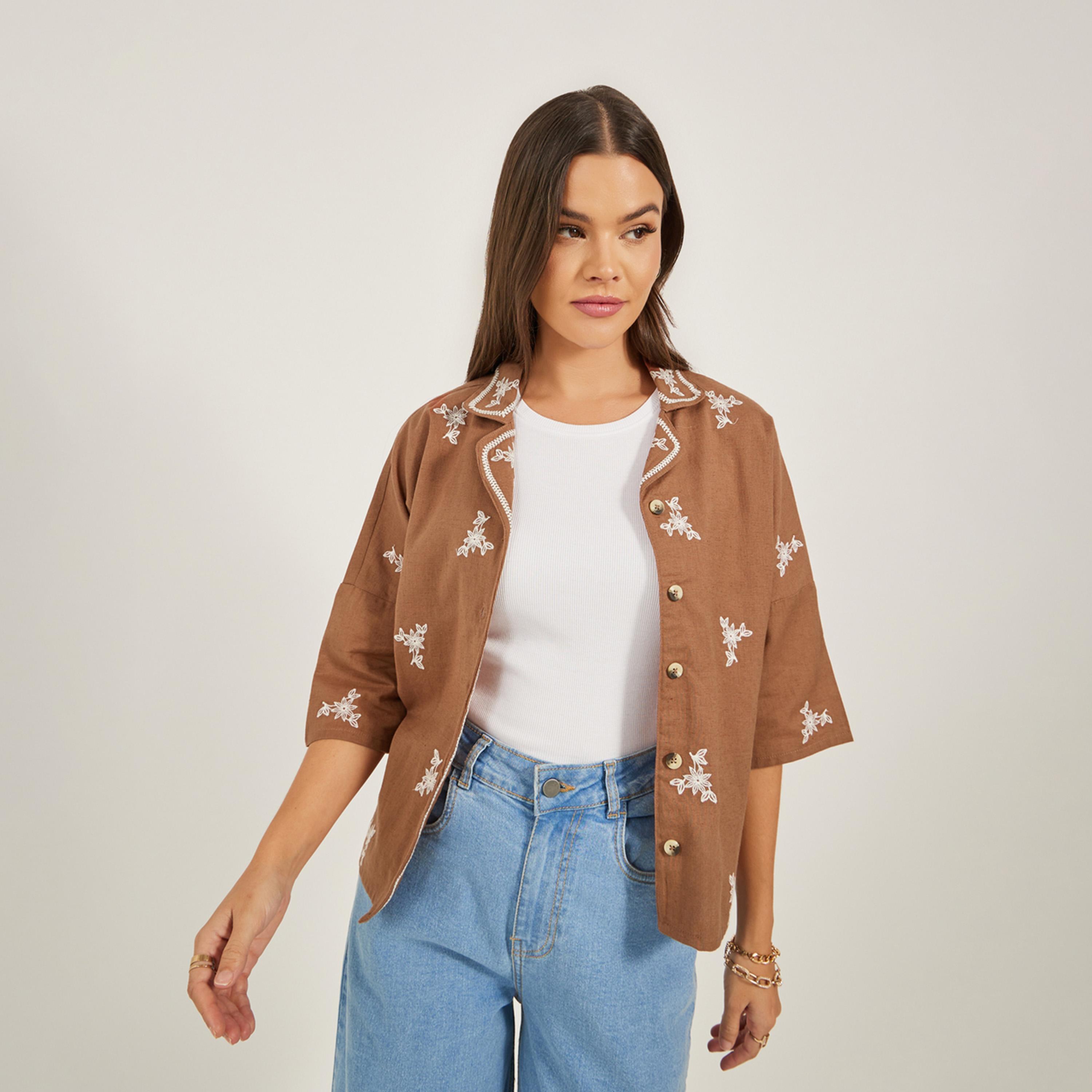 Styli Embroidered Notch Label Neck Regular Fit Top-women-clothing-shirtsandblouses-blouses-image-1