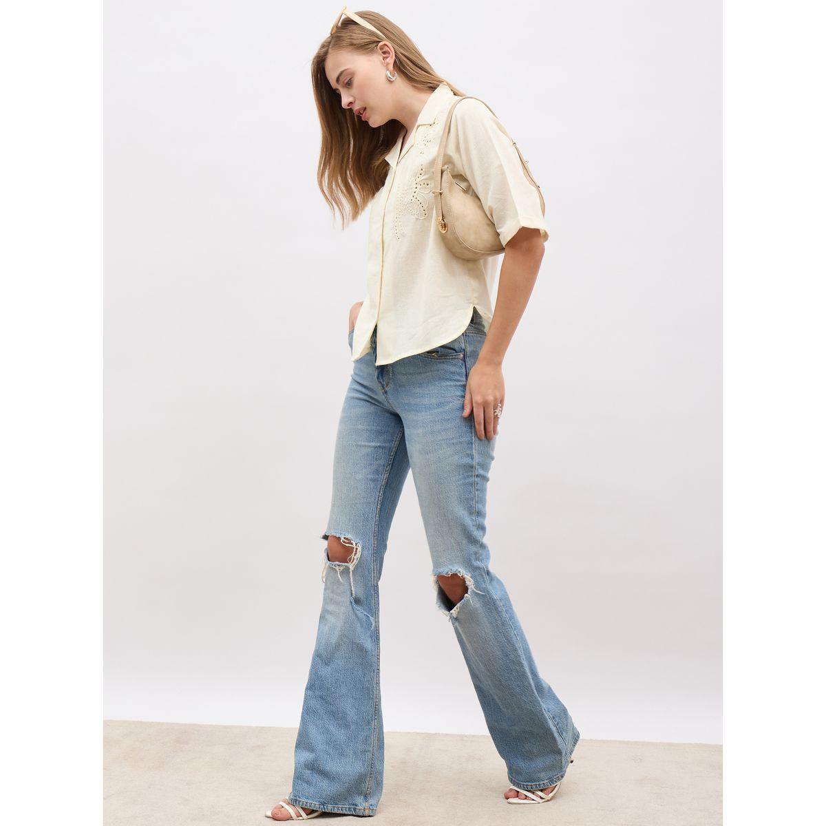 Styli Schiffli Notch Lapel Short Sleeve Regular Fit Shirt-women-clothing-shirtsandblouses-shirts-image-1