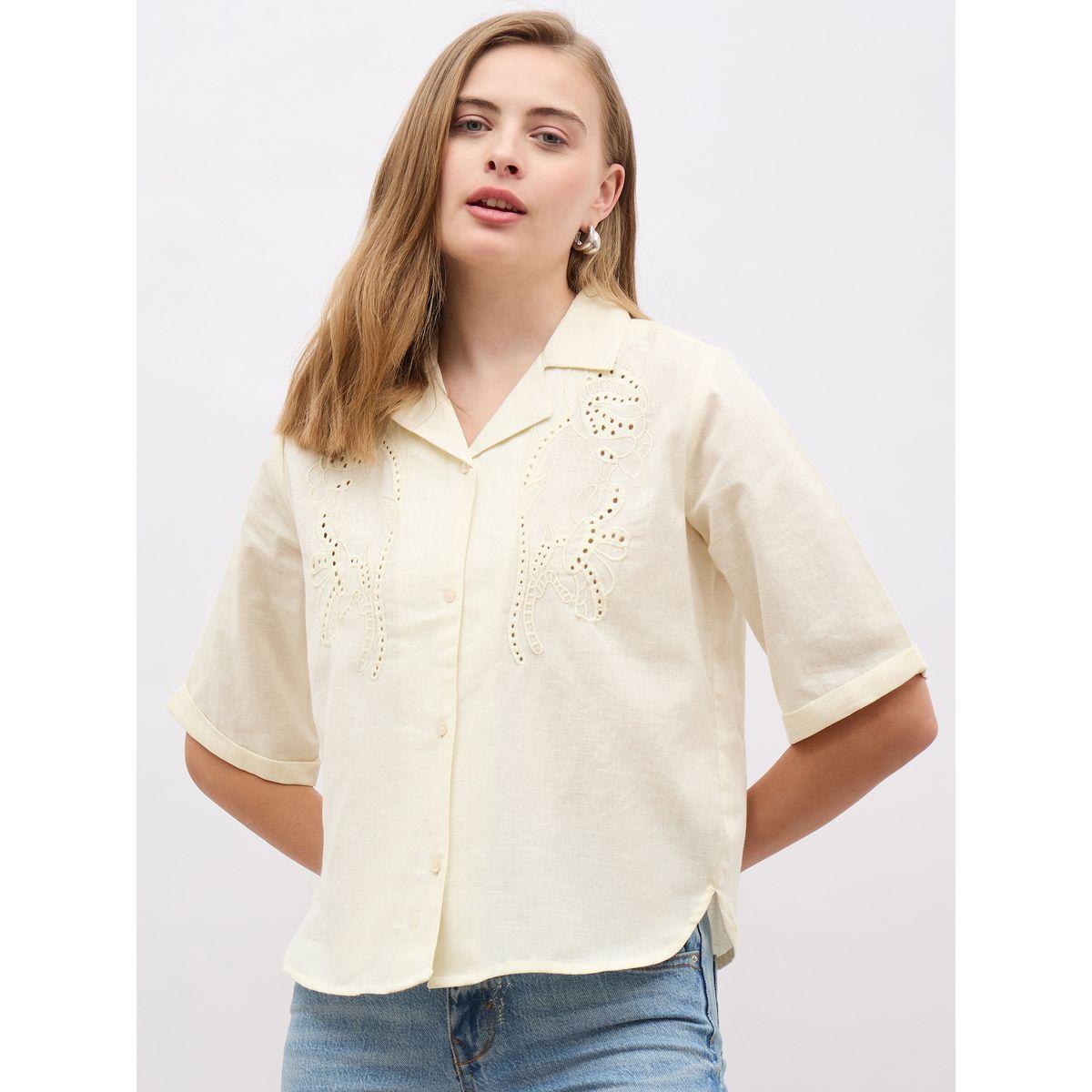 Styli Schiffli Notch Lapel Short Sleeve Regular Fit Shirt-women-clothing-shirtsandblouses-shirts-image-2