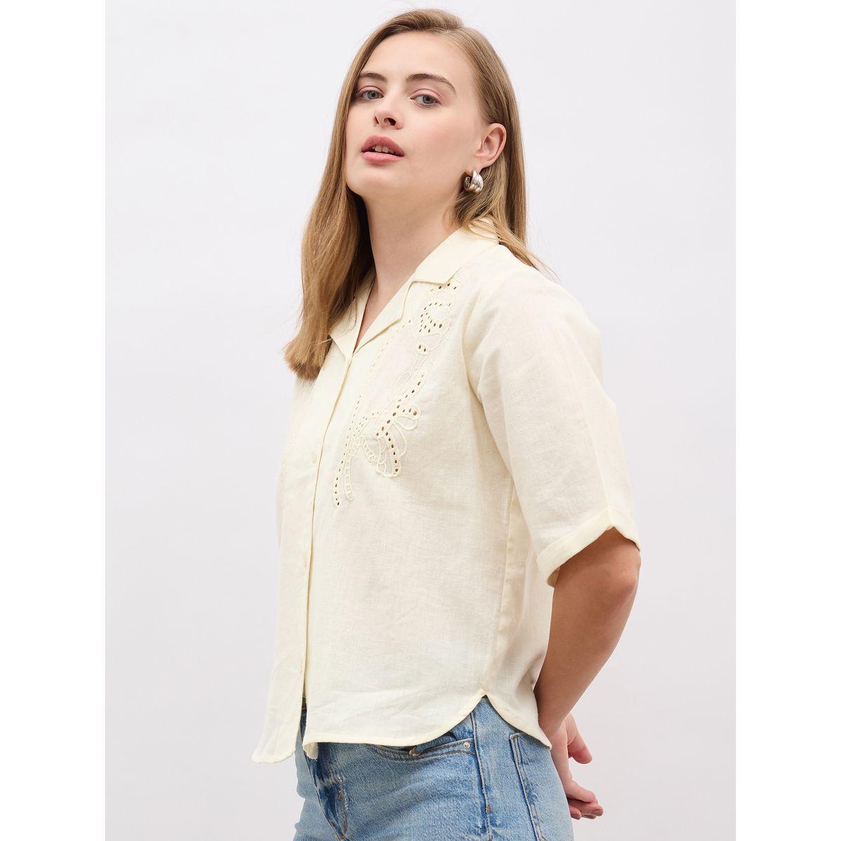 Styli Schiffli Notch Lapel Short Sleeve Regular Fit Shirt-women-clothing-shirtsandblouses-shirts-image-3
