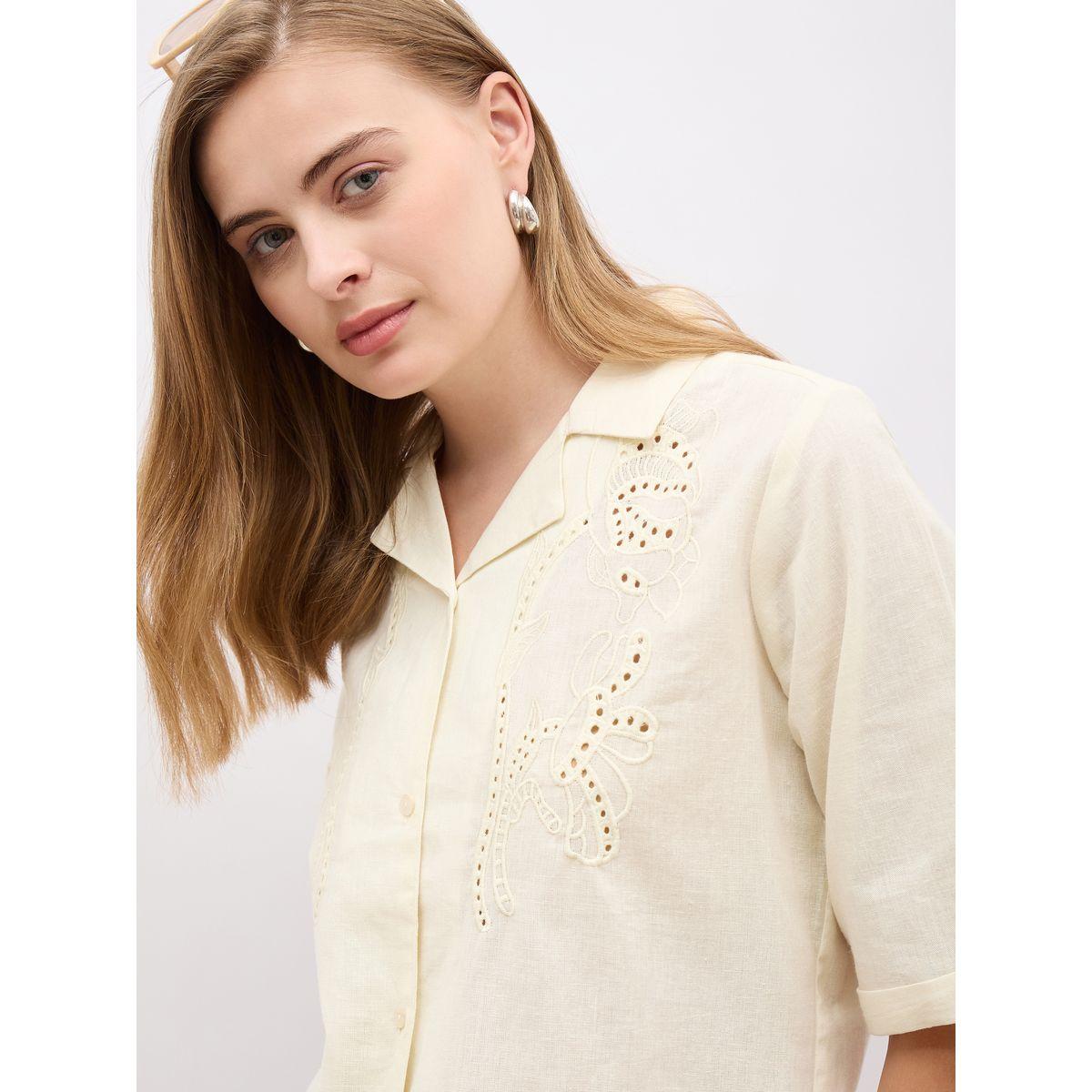 Styli Schiffli Notch Lapel Short Sleeve Regular Fit Shirt-women-clothing-shirtsandblouses-shirts-image-4