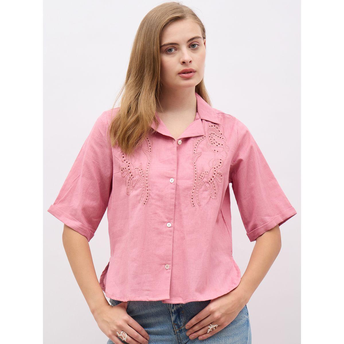 Styli Schiffli Notch Lapel Short Sleeve Regular Fit Shirt-women-clothing-shirtsandblouses-shirts-image-2