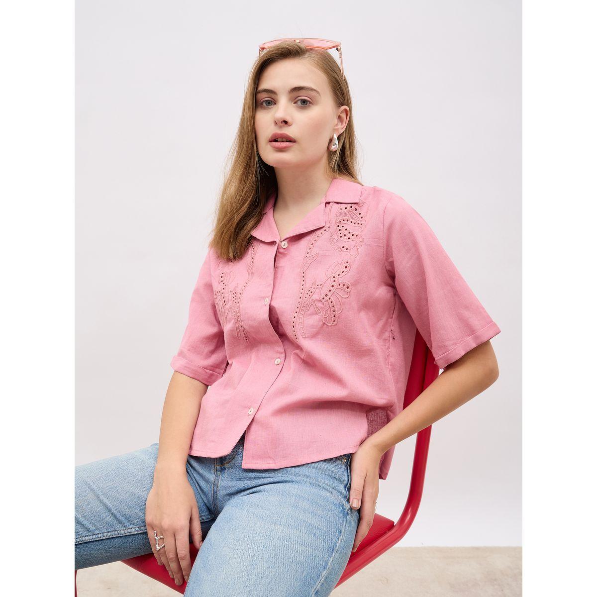 Styli Schiffli Notch Lapel Short Sleeve Regular Fit Shirt-women-clothing-shirtsandblouses-shirts-image-6
