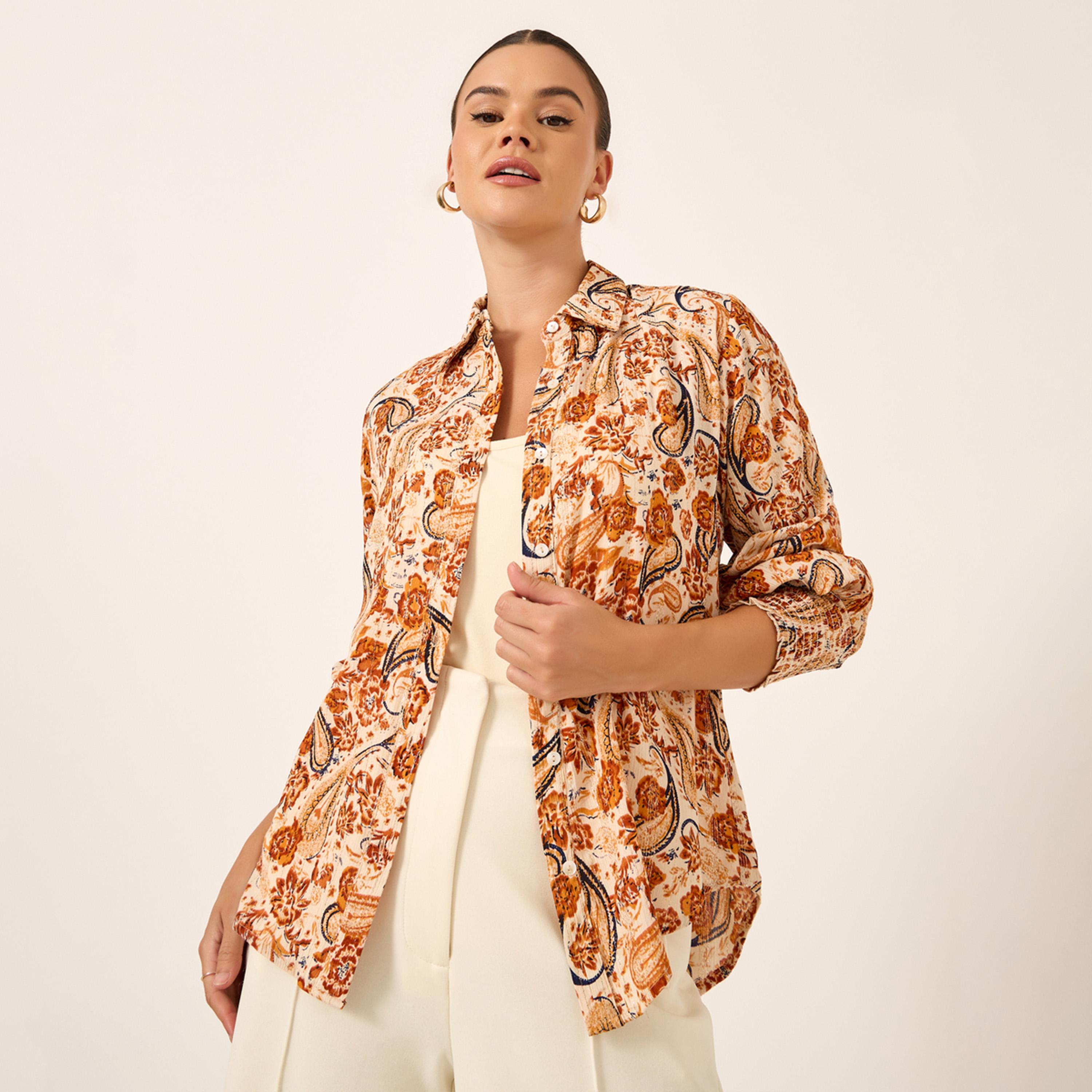 ستايلي - قميص بقصّة عادية وأكمام مطوية بطبعة بيزلي-women-clothing-shirtsandblouses-shirts-image-1