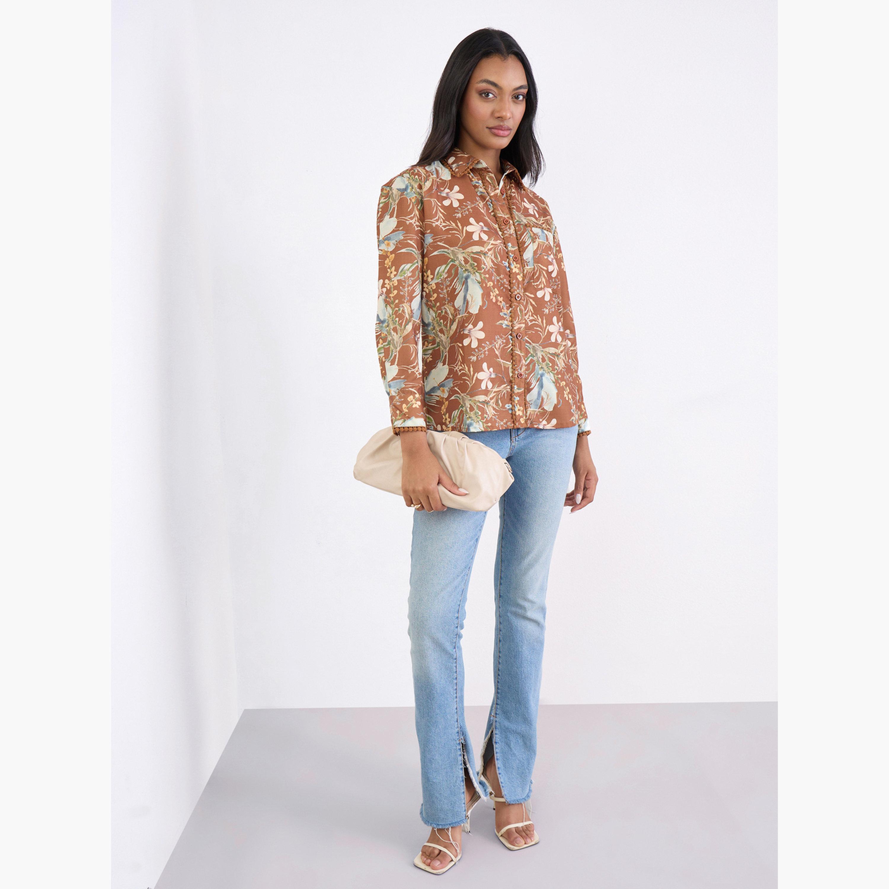 ستايلي - قميص بني نقشة زهور للنساء-women-clothing-shirtsandblouses-shirts-image-2