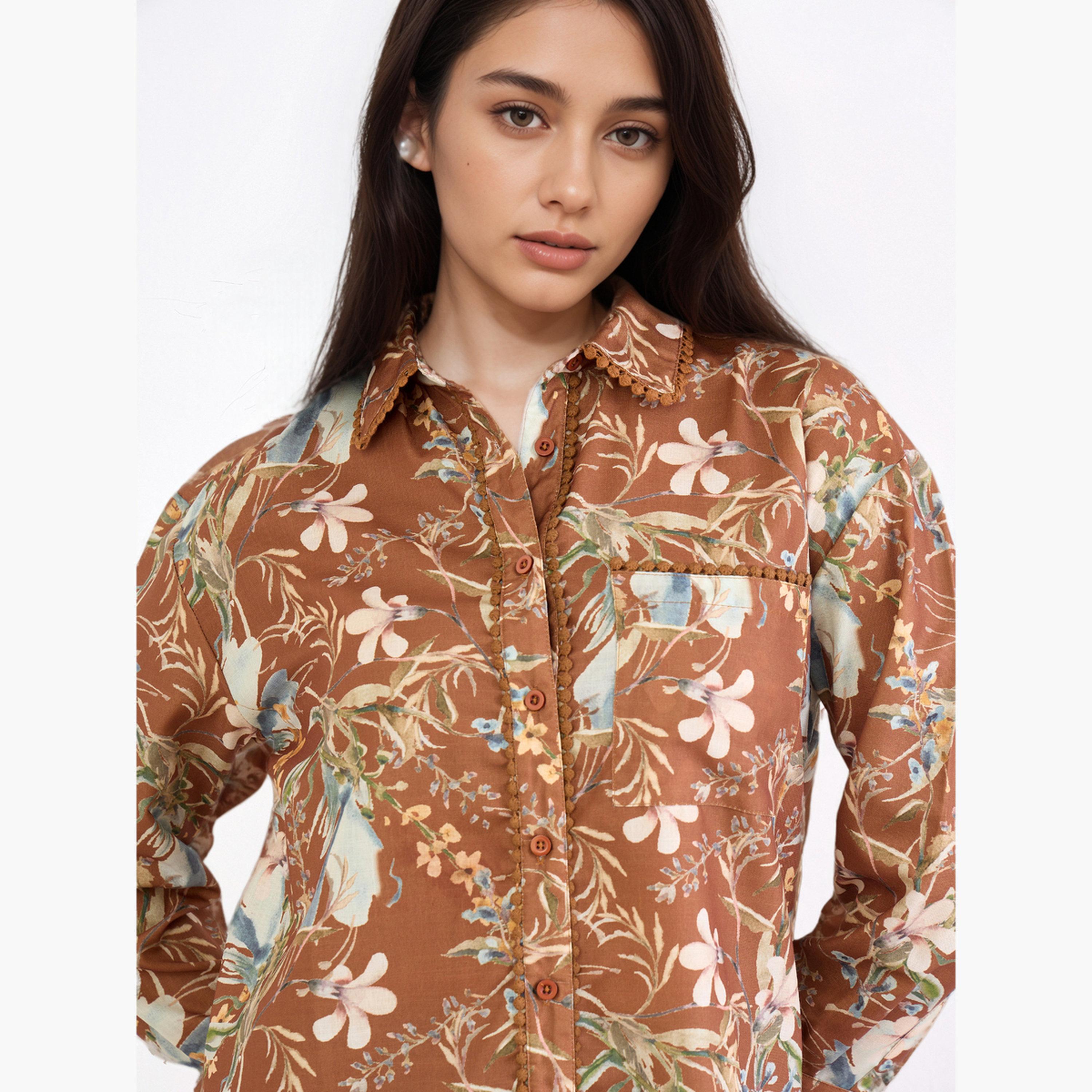 Styli Women Floral Print Brown Shirt-women-clothing-shirtsandblouses-shirts-image-3