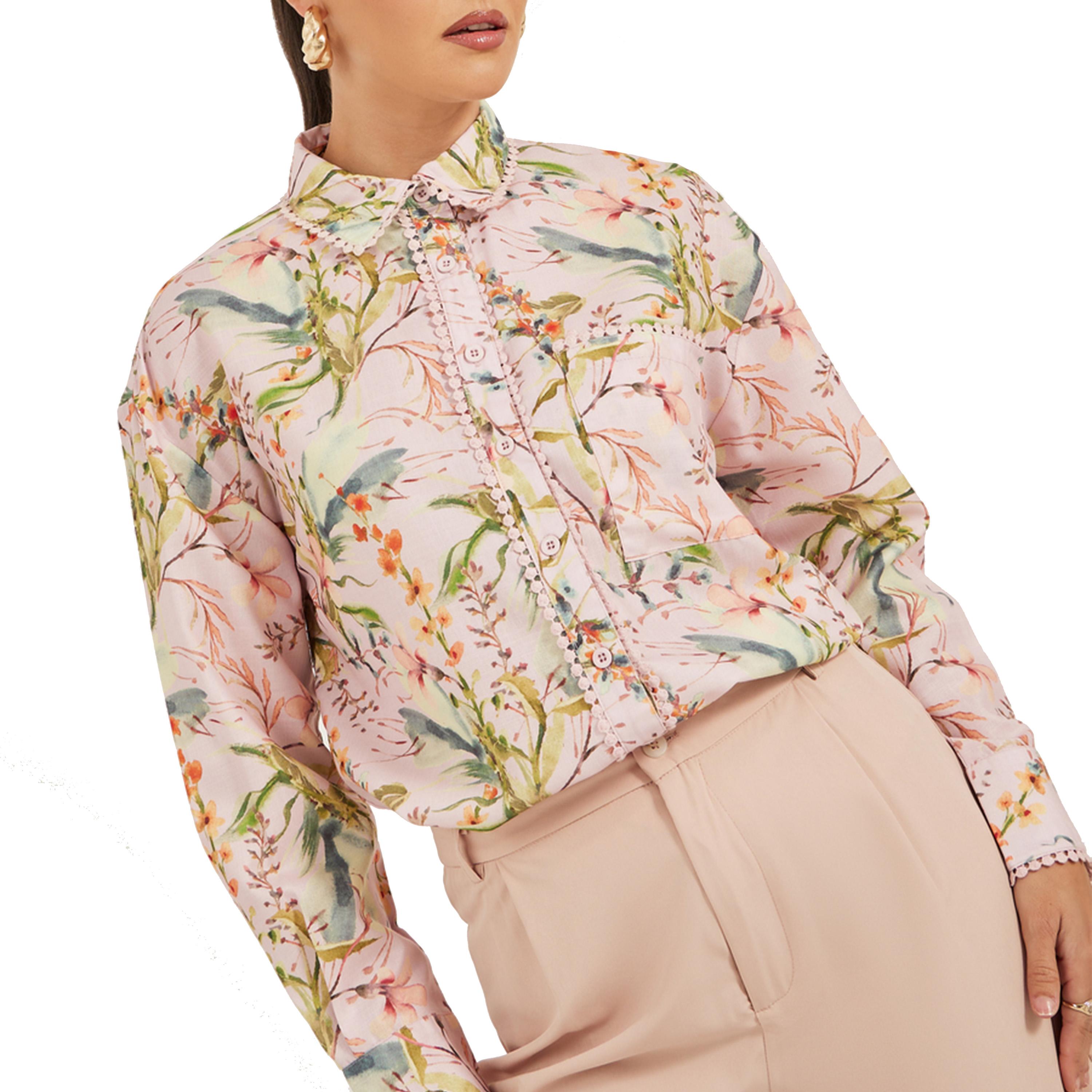 Styli Floral Print Lace Trim Spread Collar Shirt-women-clothing-shirtsandblouses-shirts-image-2
