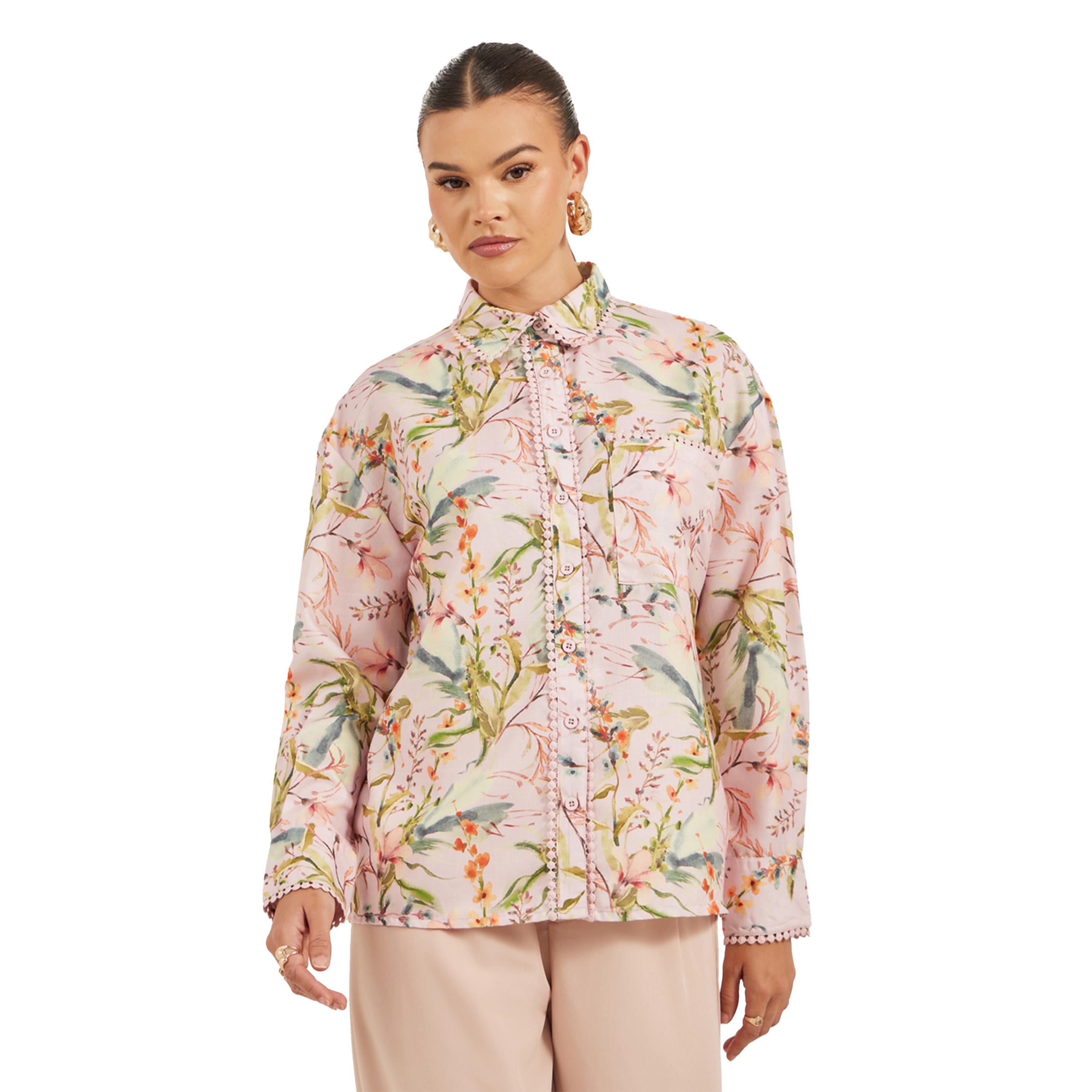 Styli Floral Print Lace Trim Spread Collar Shirt-women-clothing-shirtsandblouses-shirts-image-3