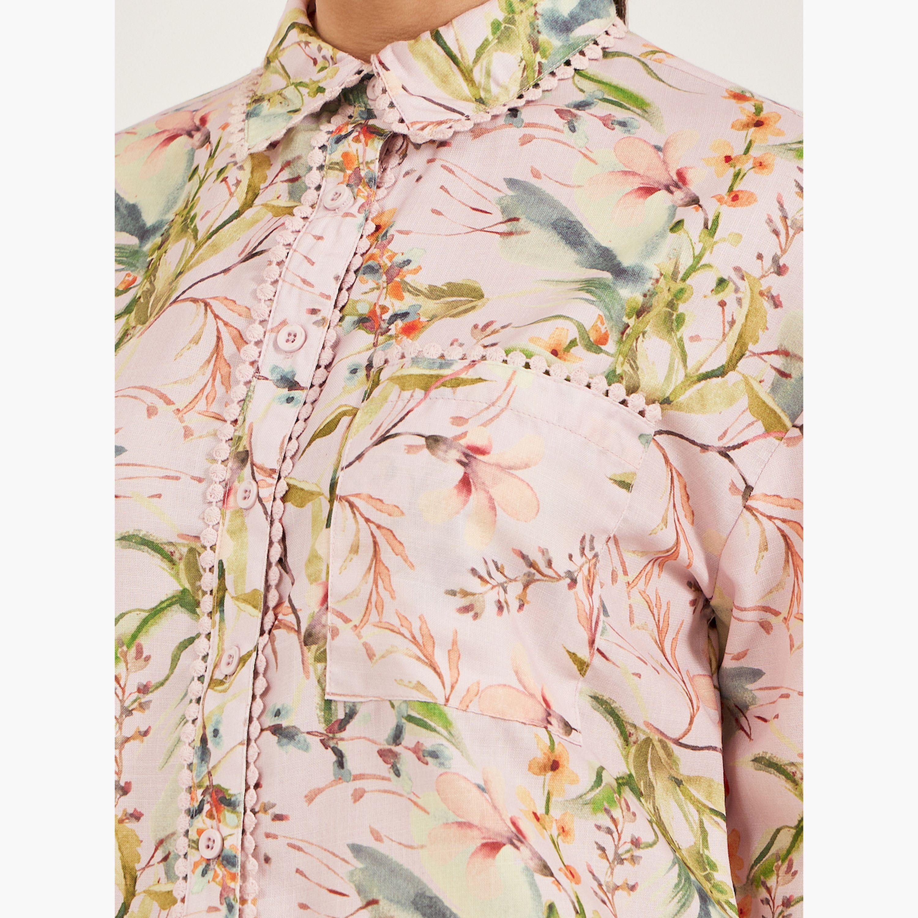 Styli Floral Print Lace Trim Spread Collar Shirt-women-clothing-shirtsandblouses-shirts-image-4