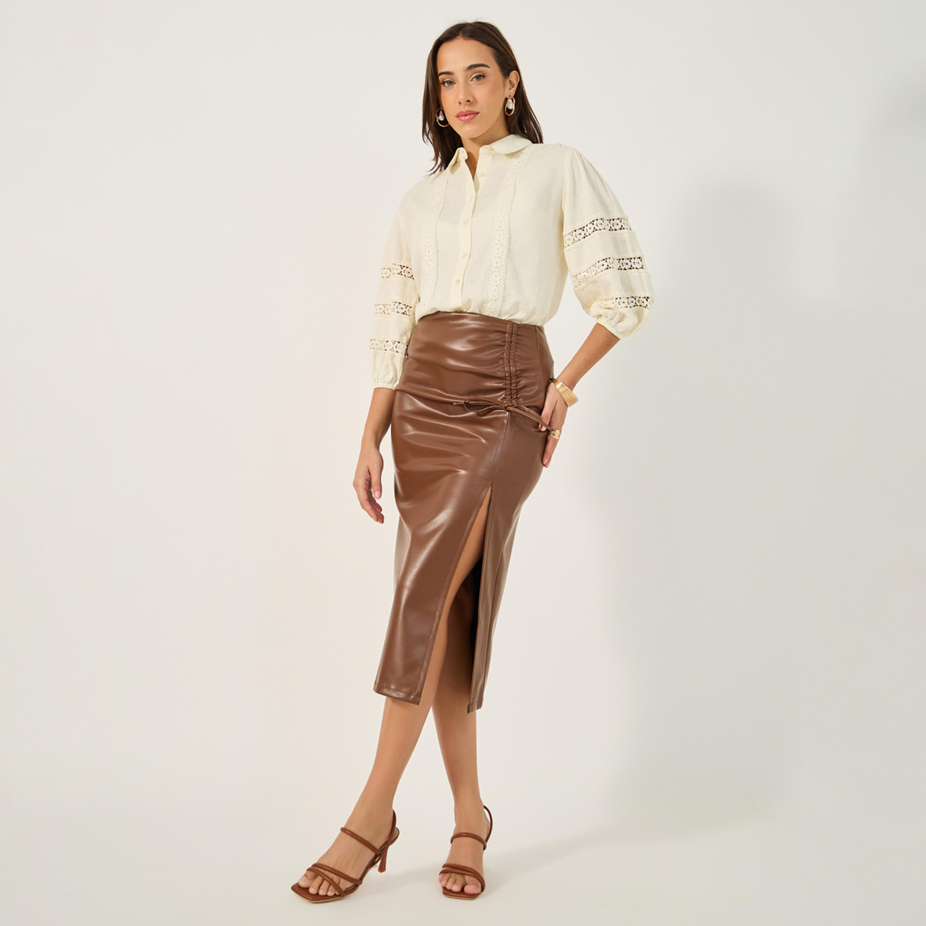 Styli Lace Insert Cuffed Sleeves Buttoned Top-women-clothing-shirtsandblouses-blouses-image-2
