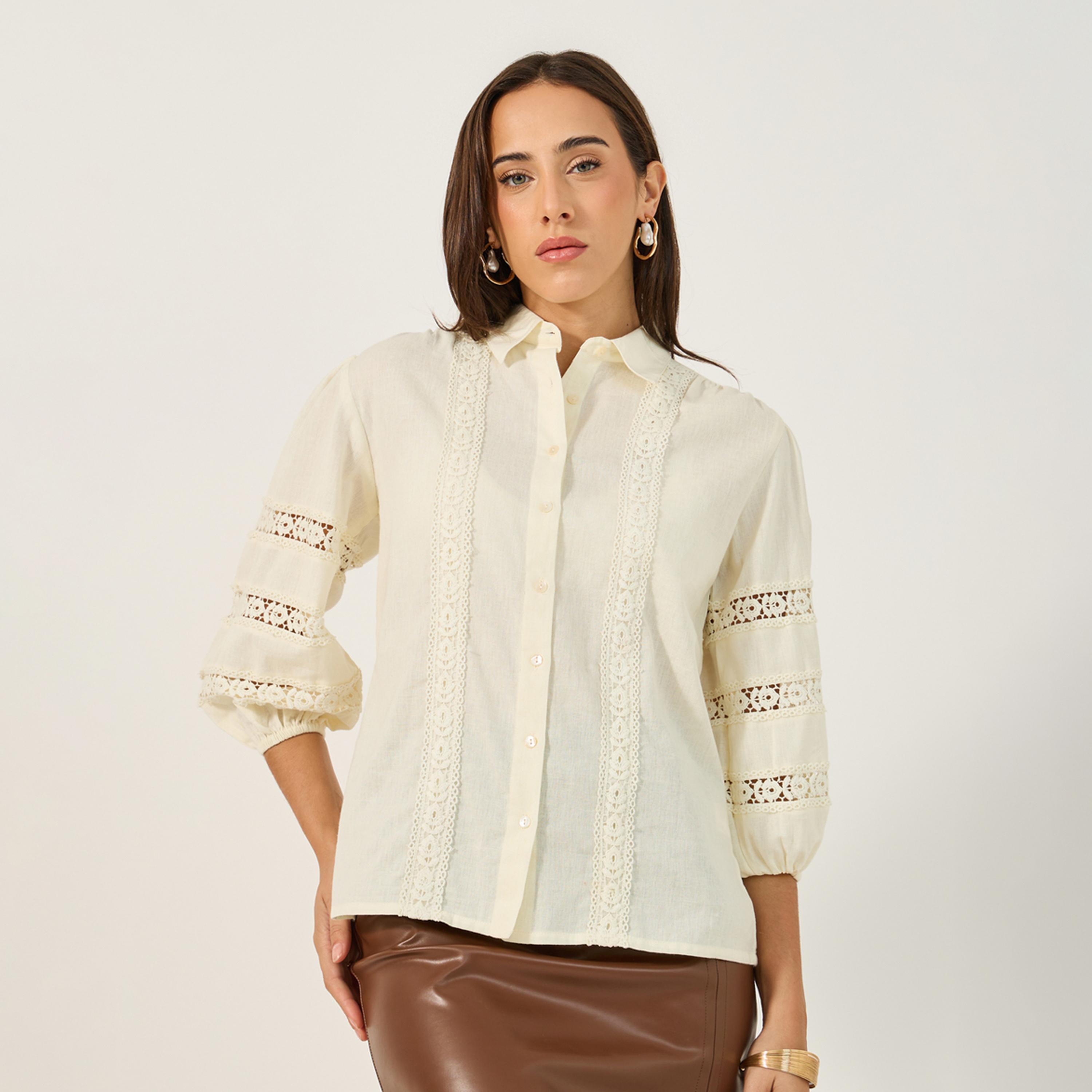 Styli Lace Insert Cuffed Sleeves Buttoned Top-women-clothing-shirtsandblouses-blouses-image-3