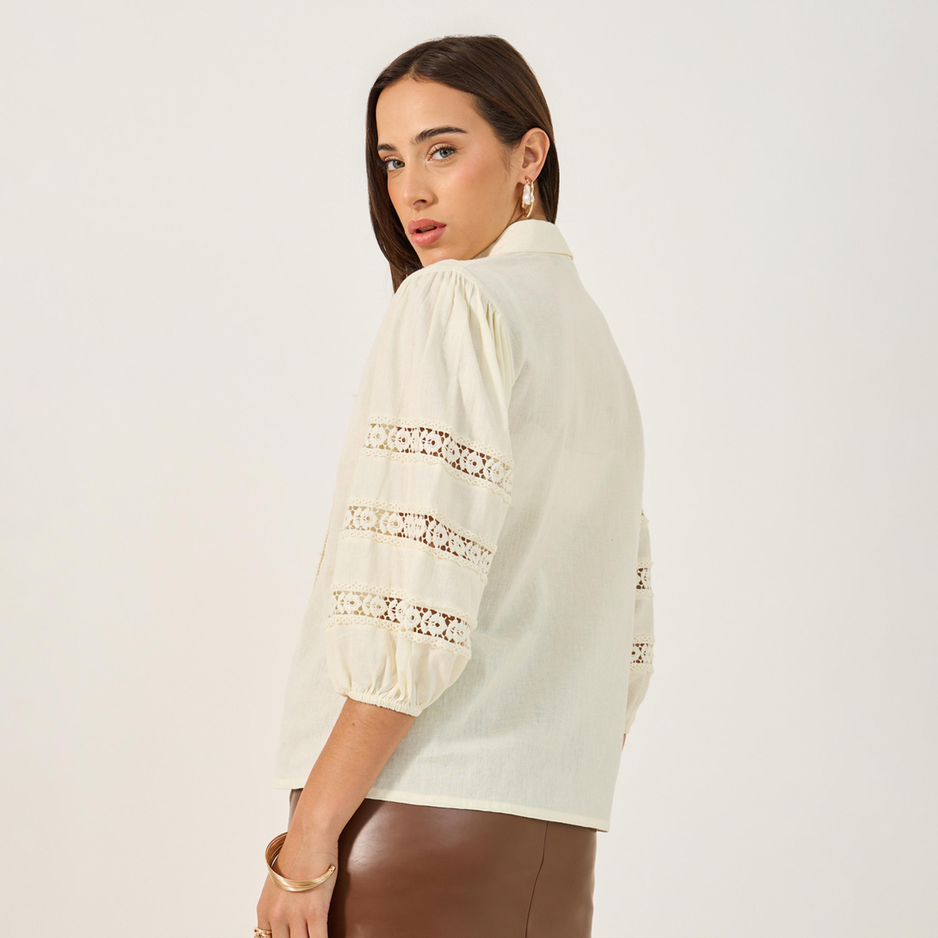 Styli Lace Insert Cuffed Sleeves Buttoned Top-women-clothing-shirtsandblouses-blouses-image-5