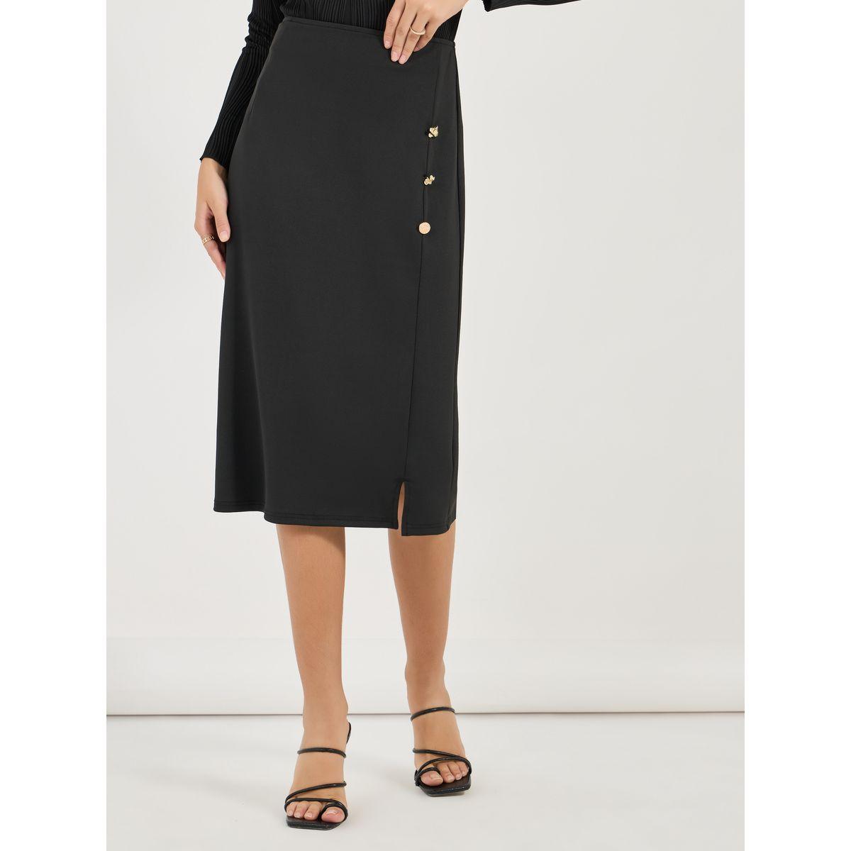 Styli Straight Fit Midi Skirt with Side Slit & Button Detail-women-clothing-bottoms-skirts-image-2