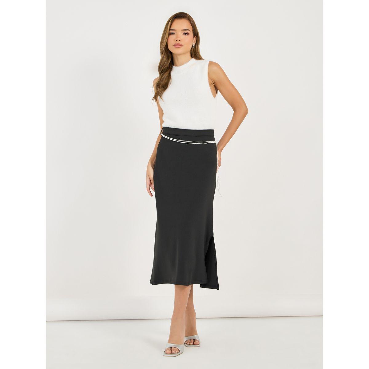 Styli Solid A-Line Midi Skirt with Faux Pearl Belt-women-clothing-bottoms-skirts-image-1