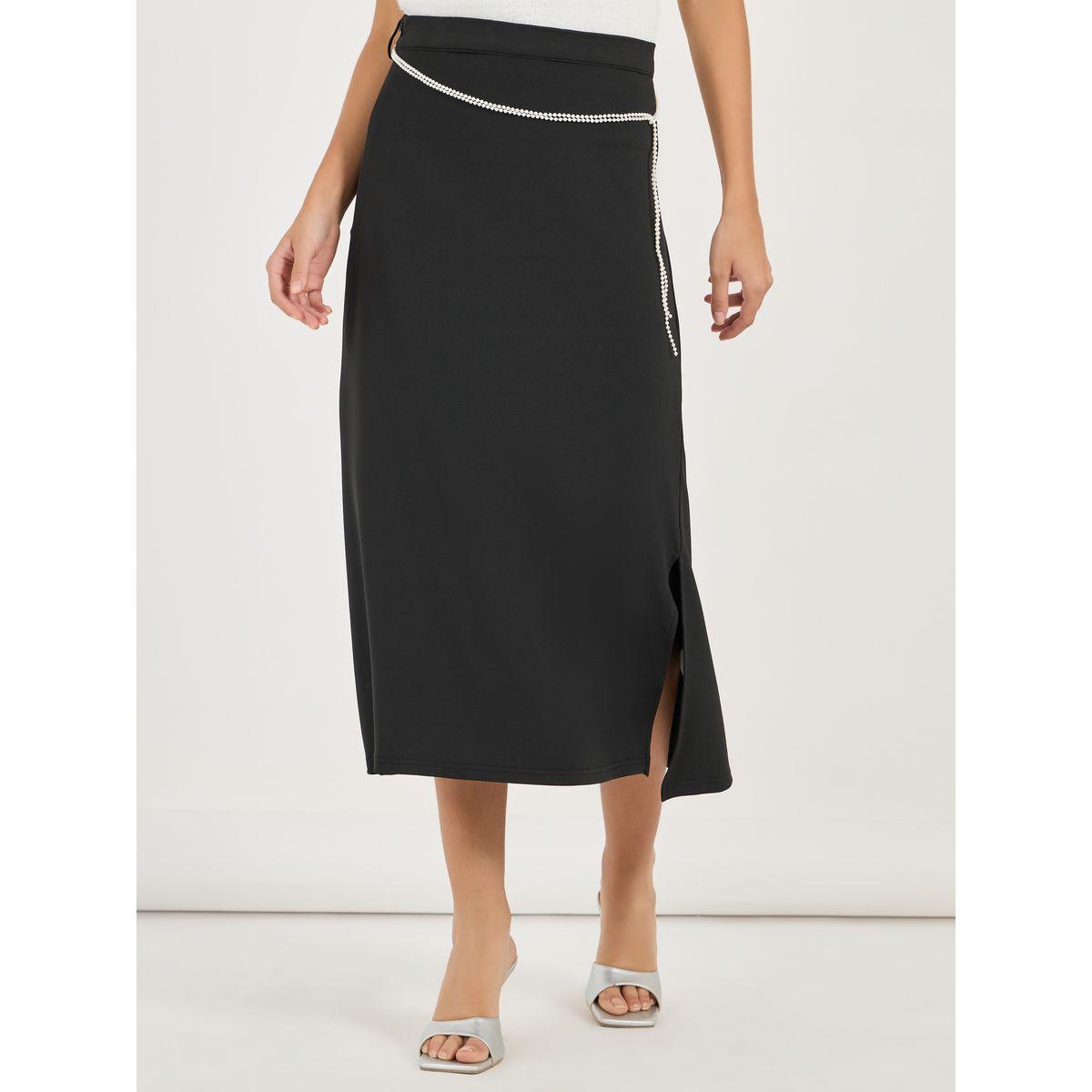 Styli Solid A-Line Midi Skirt with Faux Pearl Belt-women-clothing-bottoms-skirts-image-2