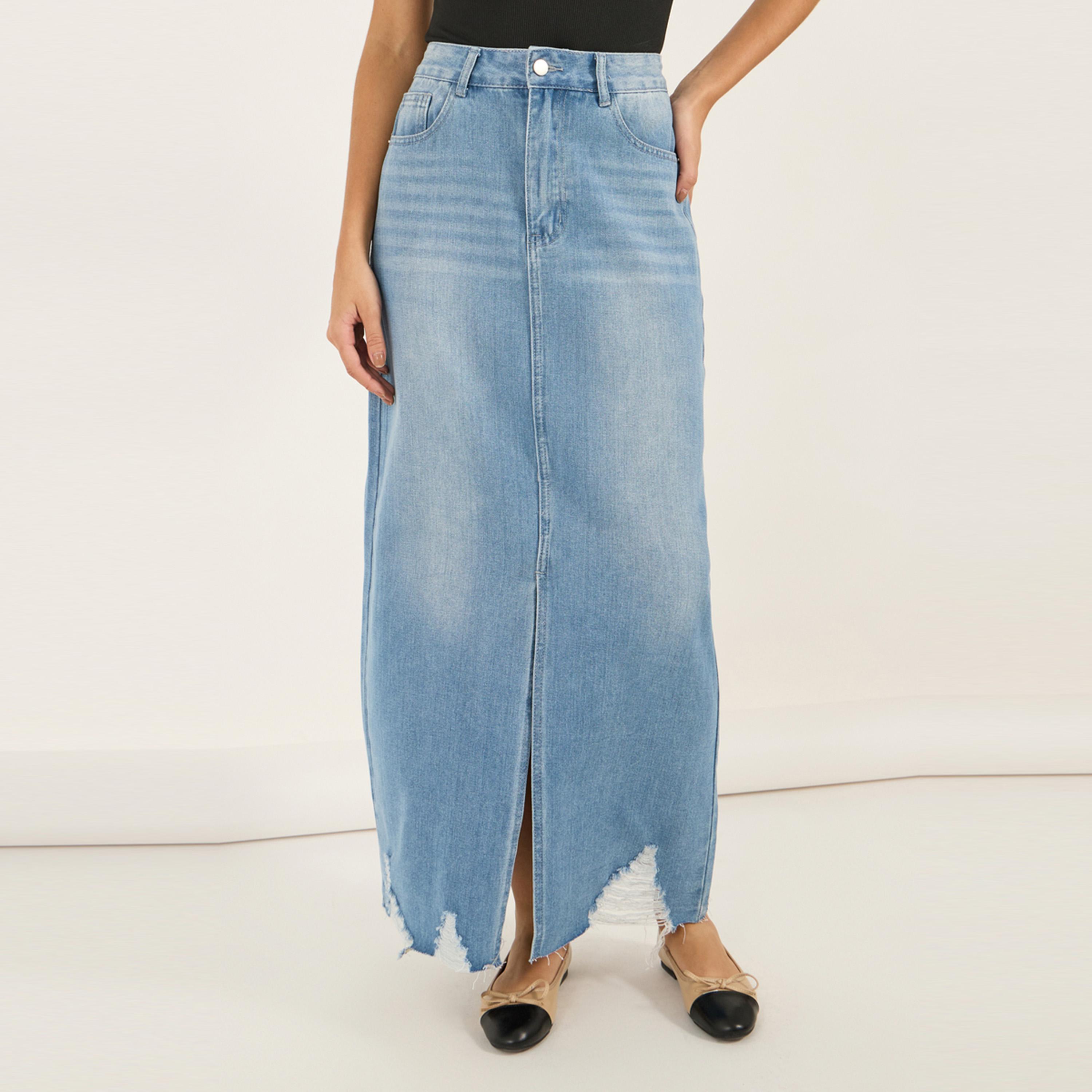ستايلي - تنورة ماكسي جينز بحافة ممزقة وفتحة أمامية-women-clothing-bottoms-skirts-image-2