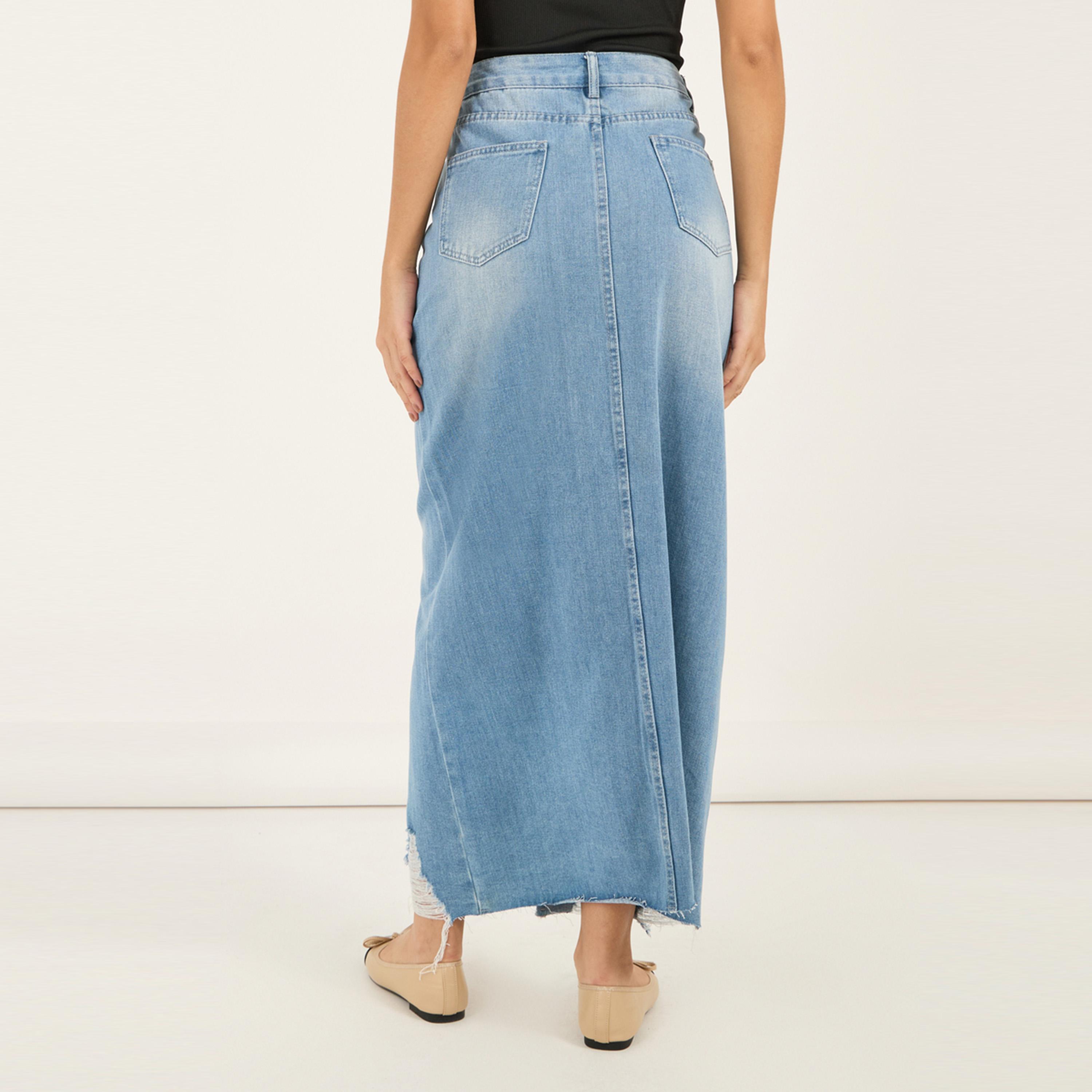ستايلي - تنورة ماكسي جينز بحافة ممزقة وفتحة أمامية-women-clothing-bottoms-skirts-image-4