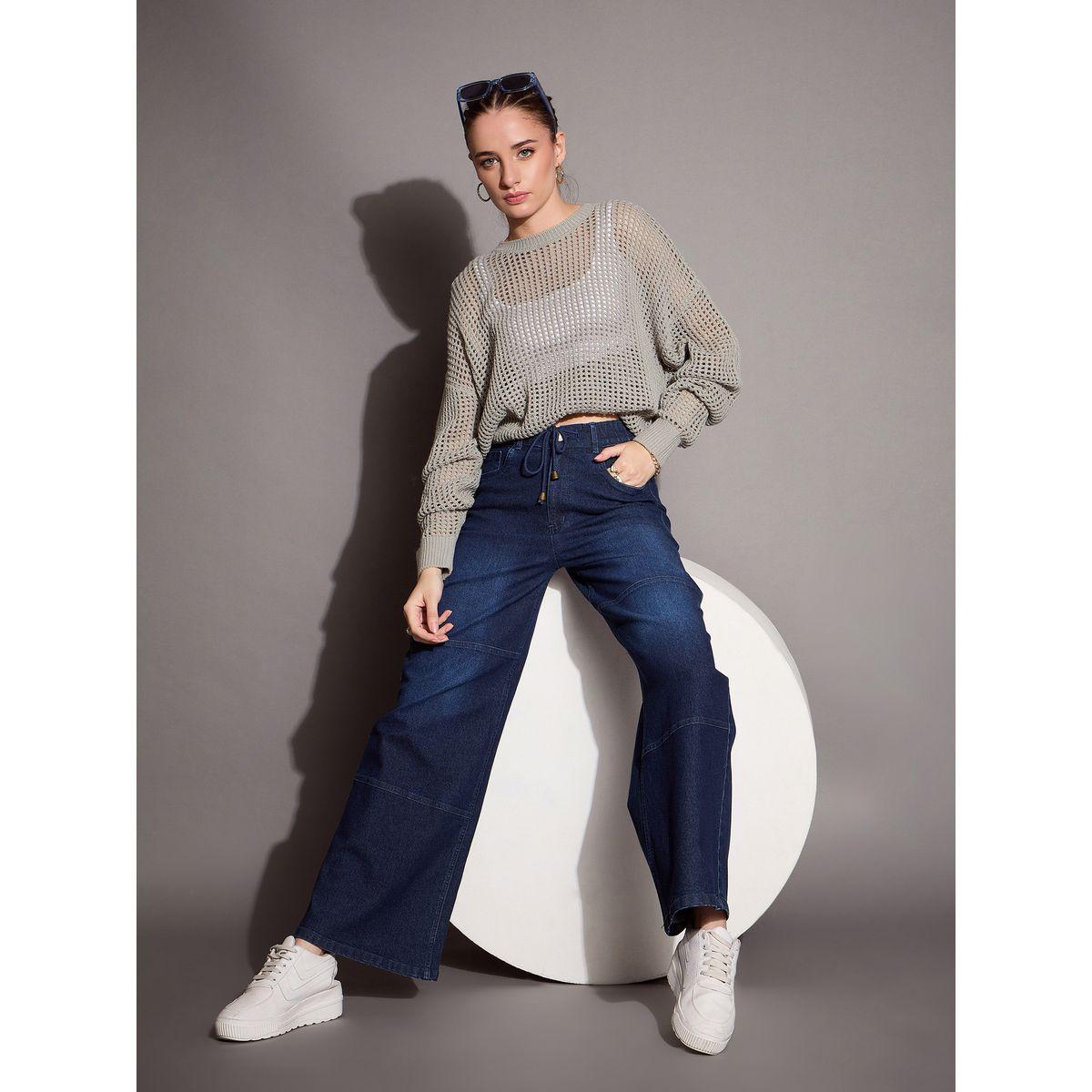 جينز بأرجل مستقيمة وخصر عالي بأربطة ساسافراس × ستايلي-women-clothing-bottoms-jeans-image-2