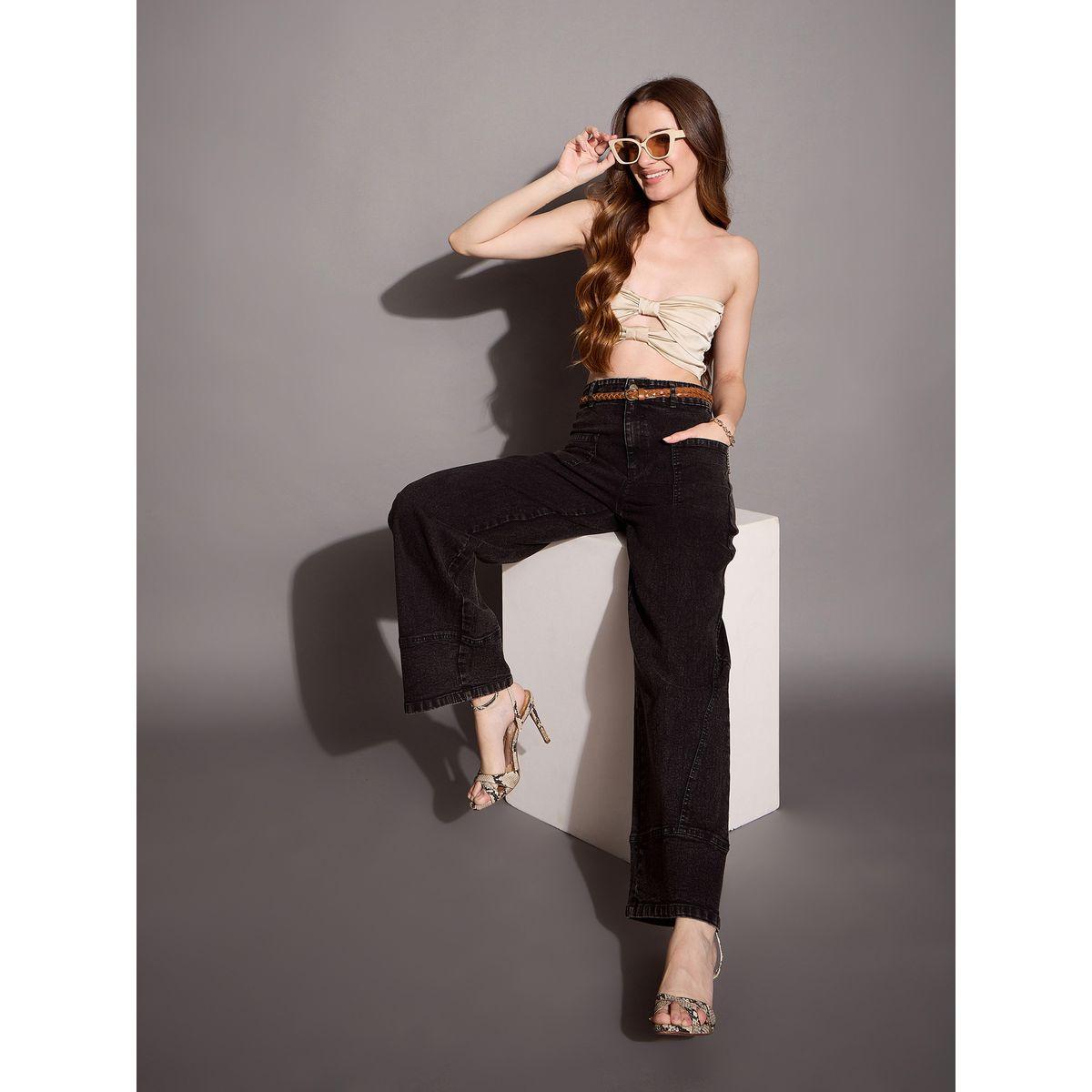 جينز بأرجل واسعة وخصر عالي مع جيب مُرقع ساسافراس × ستايلي-women-clothing-bottoms-jeans-image-2