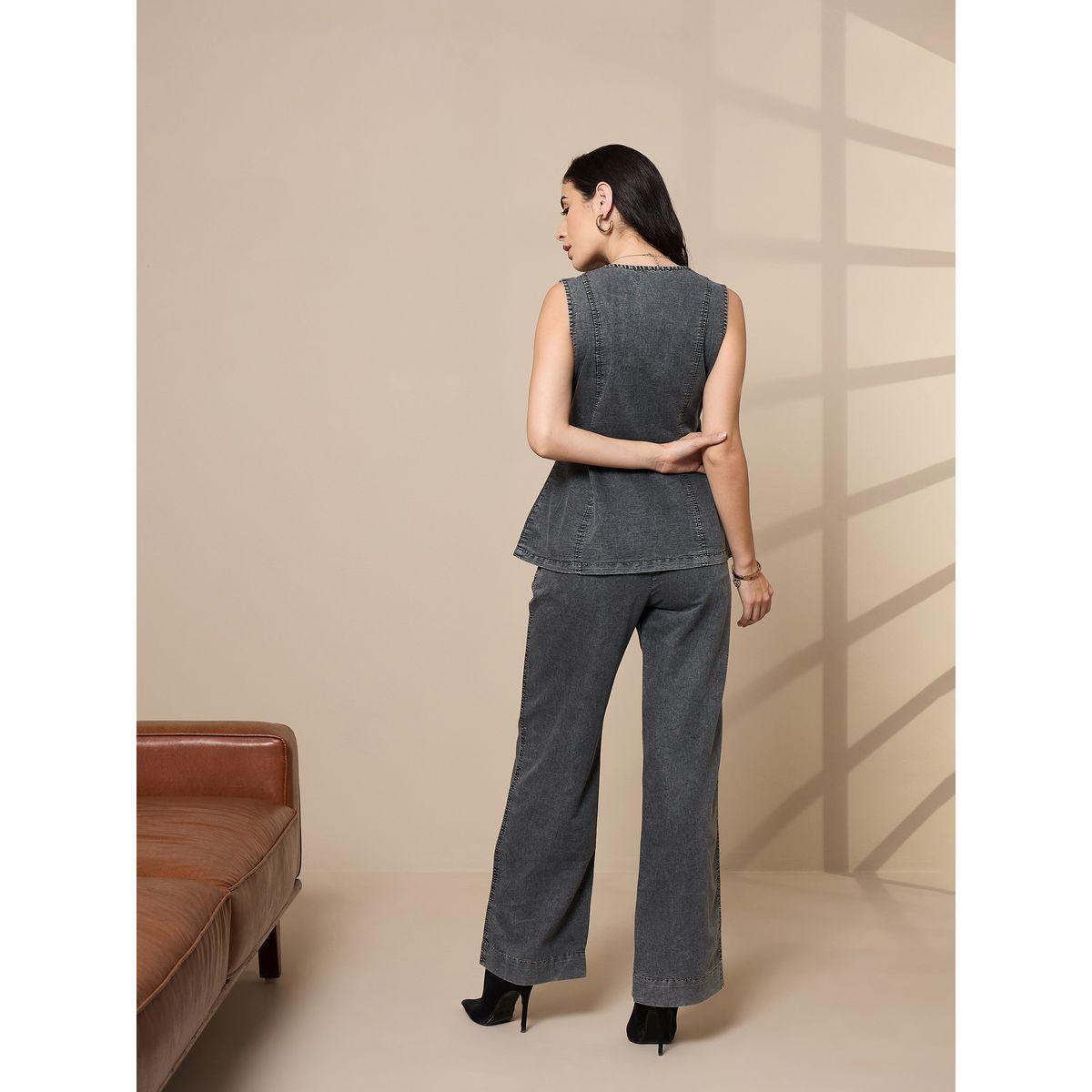 طقم منسق من بنطال مع بلوزة فيست بتفاصيل مشطوفة ساسافراس × ستايلي-women-clothing-coordsets-image-6