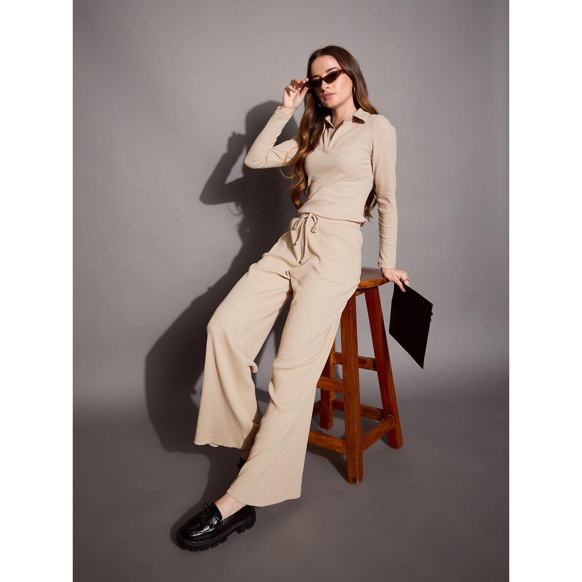 بنطال مضلع بقصة مريحة وأربطة ساسافراس × ستايلي-women-clothing-bottoms-trousers-image-2