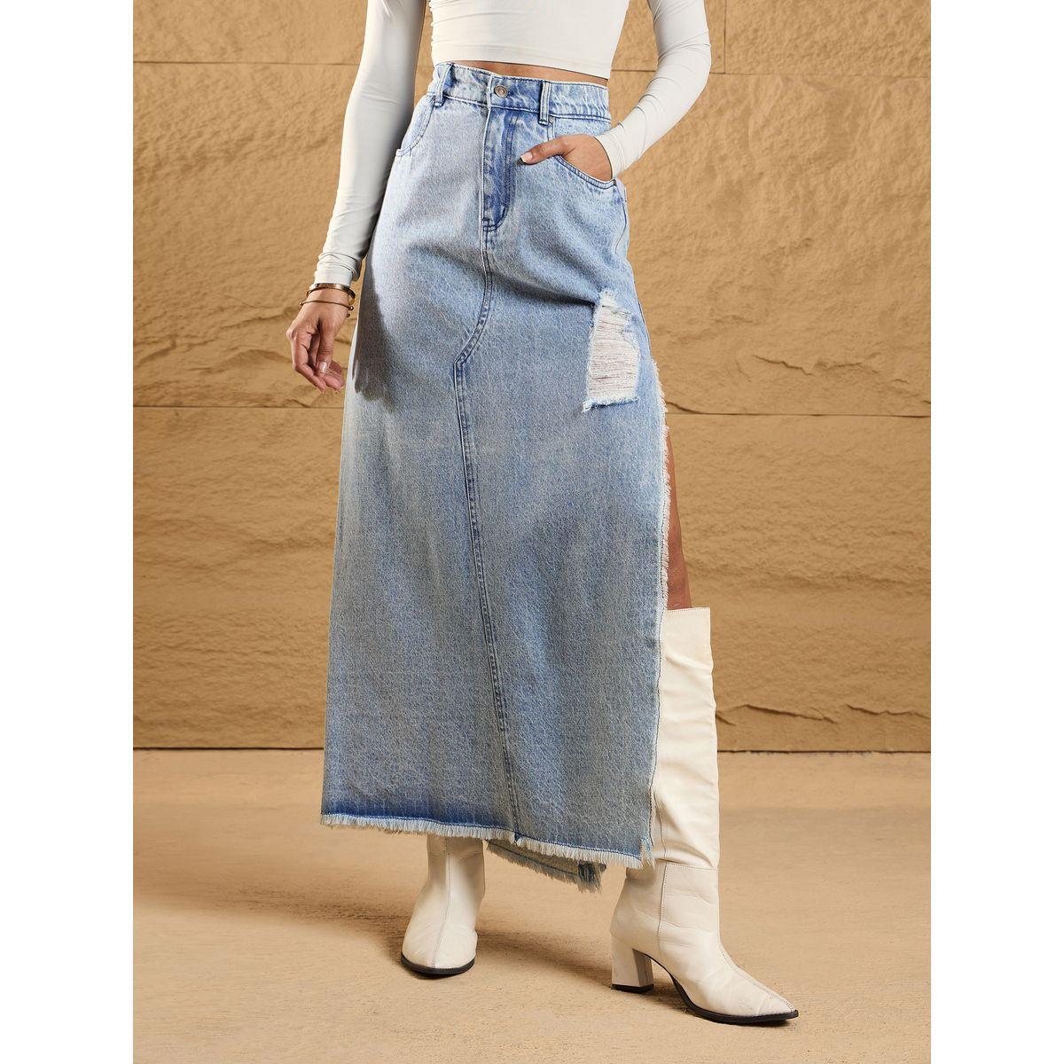 تنورة طويلة دنيم بتفاصيل ممزقة وشق جانبي ساسافراس × ستايلي-women-clothing-bottoms-skirts-image-6