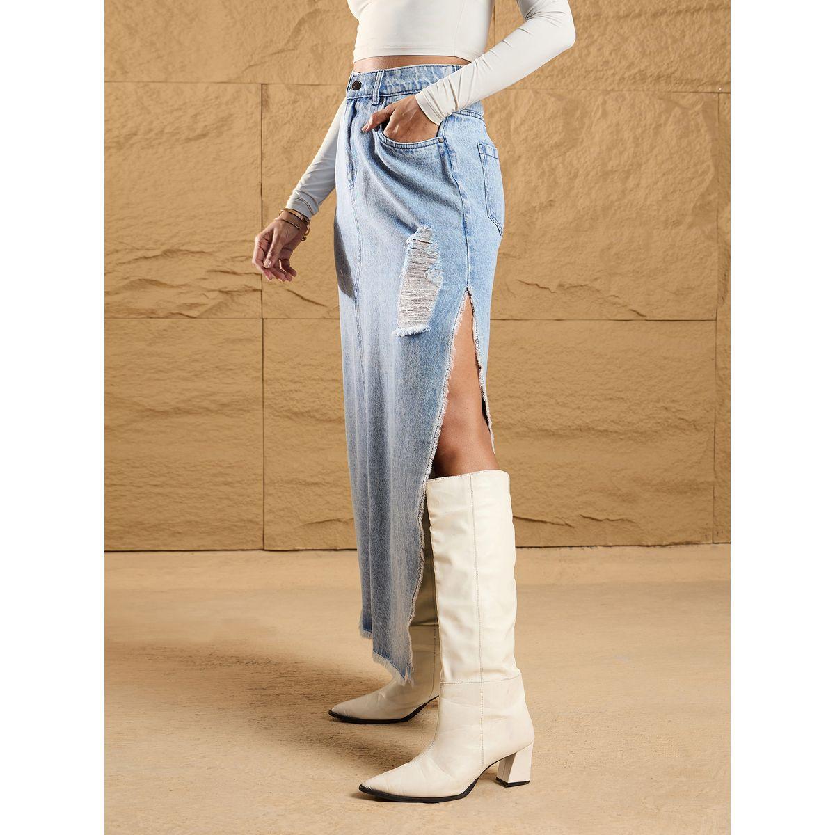 Sassafras X Styli  Distressed Side Slit Denim Maxi Skirt-women-clothing-bottoms-skirts-image-3