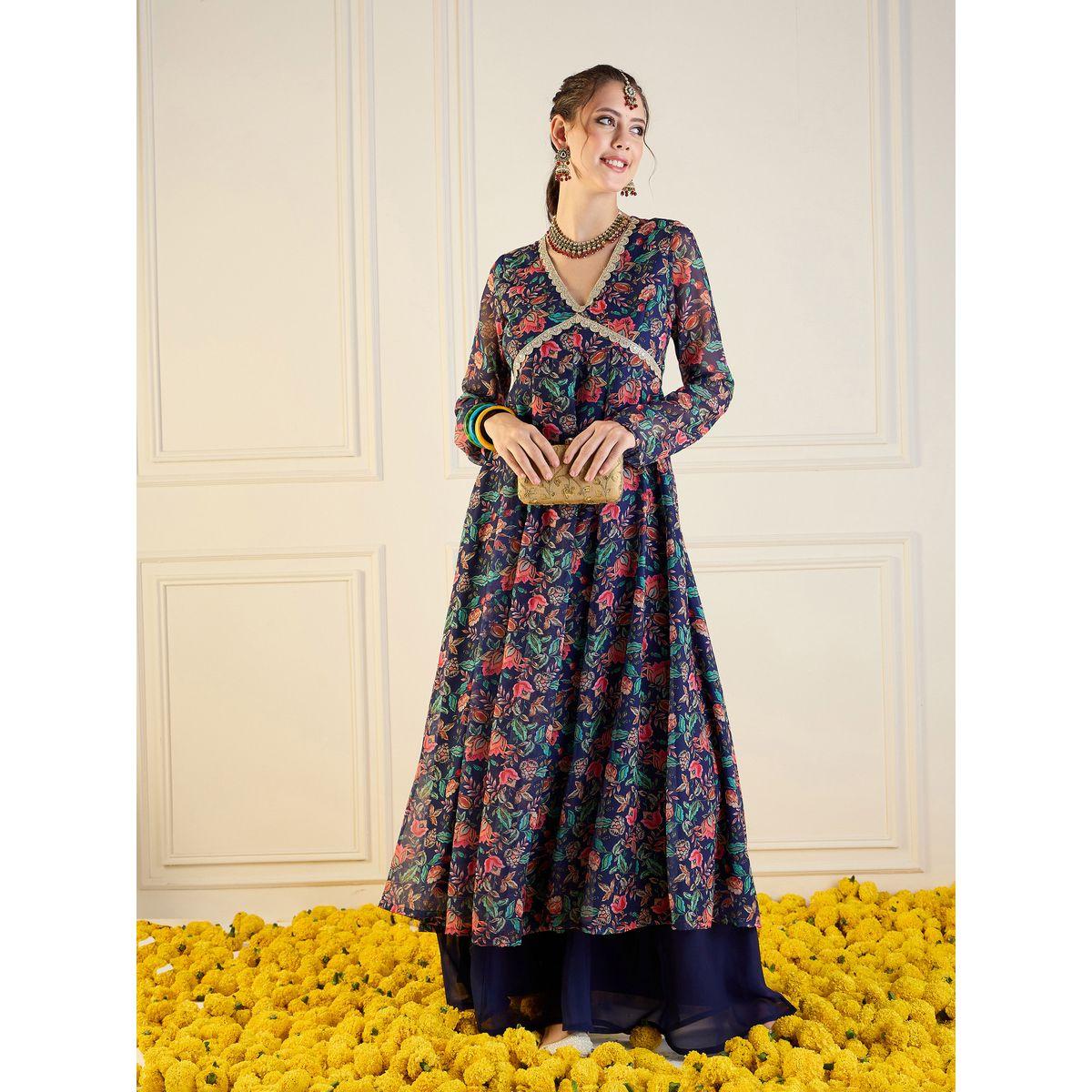 كورتا اناركالي بطبعة زهور وفتحة ظهر ساسافراس × ستايلي-women-clothing-ethnicwear-kurtas-image-1