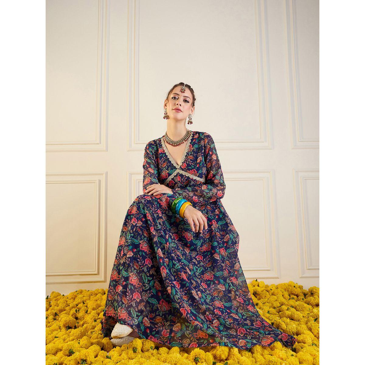 كورتا اناركالي بطبعة زهور وفتحة ظهر ساسافراس × ستايلي-women-clothing-ethnicwear-kurtas-image-2