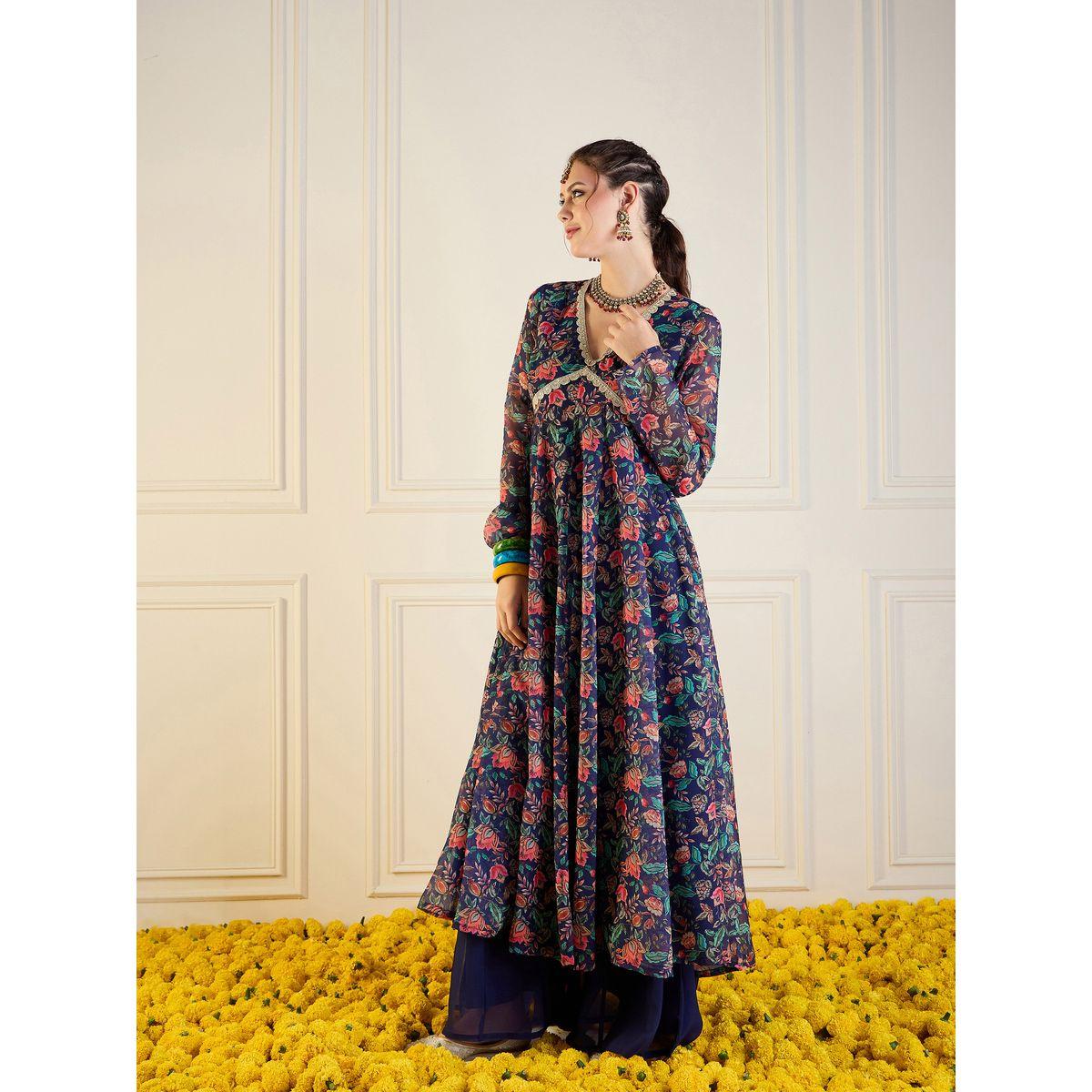 كورتا اناركالي بطبعة زهور وفتحة ظهر ساسافراس × ستايلي-women-clothing-ethnicwear-kurtas-image-3