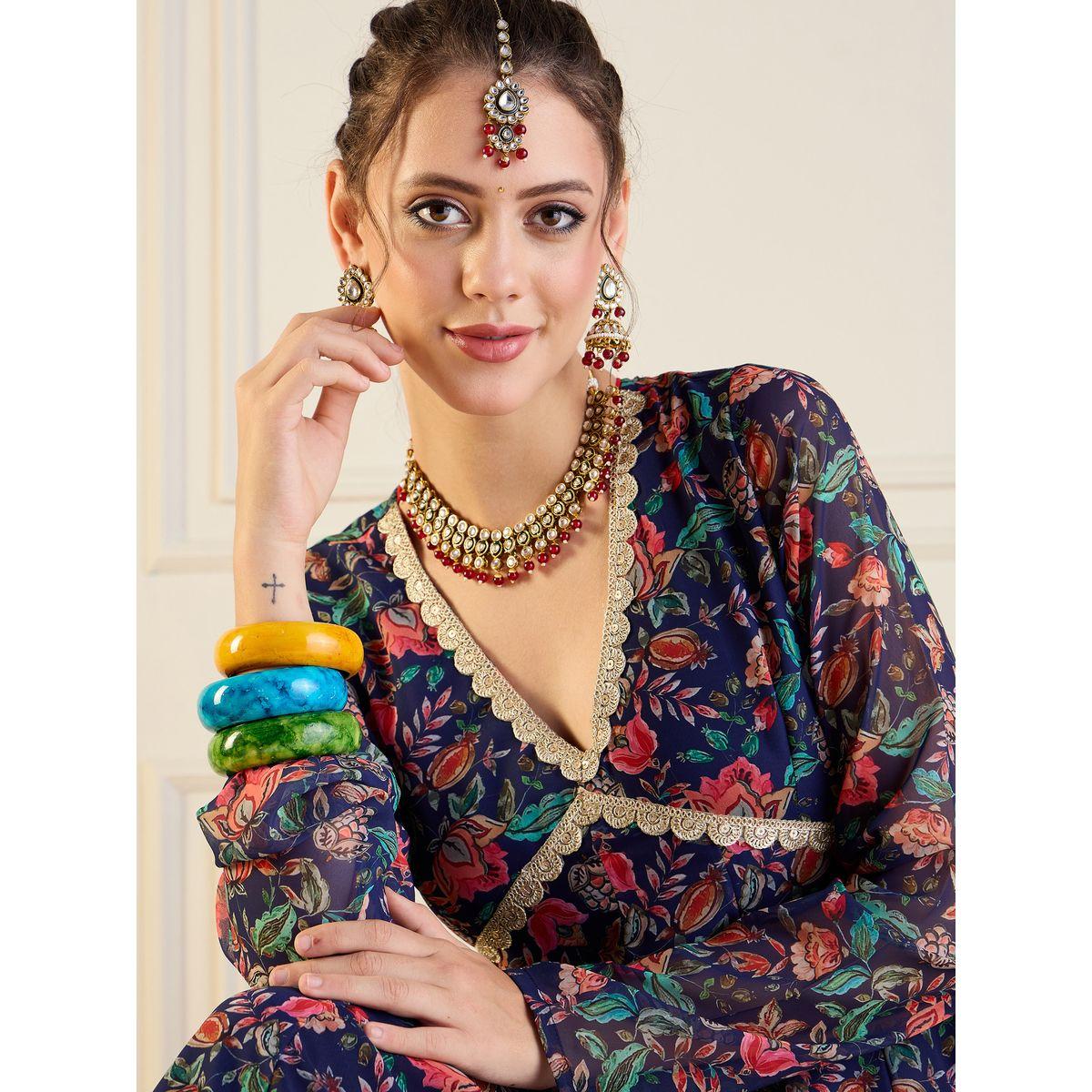 كورتا اناركالي بطبعة زهور وفتحة ظهر ساسافراس × ستايلي-women-clothing-ethnicwear-kurtas-image-4