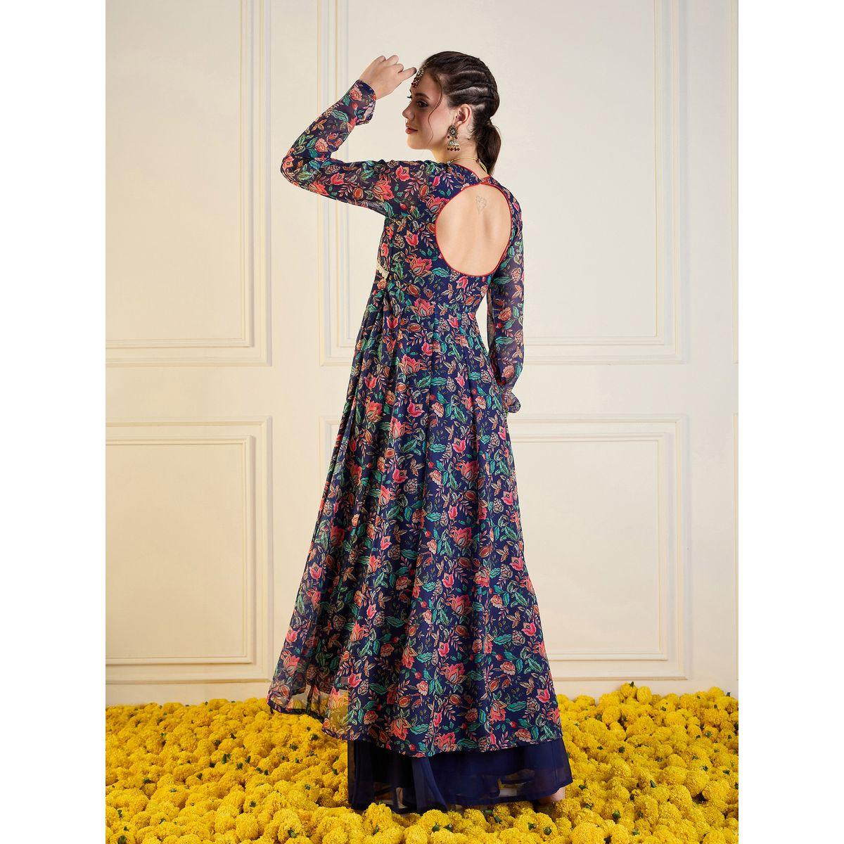 كورتا اناركالي بطبعة زهور وفتحة ظهر ساسافراس × ستايلي-women-clothing-ethnicwear-kurtas-image-5