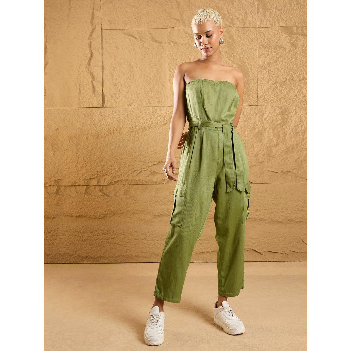 جمبسوت بنسيج تويل وياقة باندو مع جيوب وحزام ساسافراس × ستايلي-women-clothing-jumpsuits-image-1