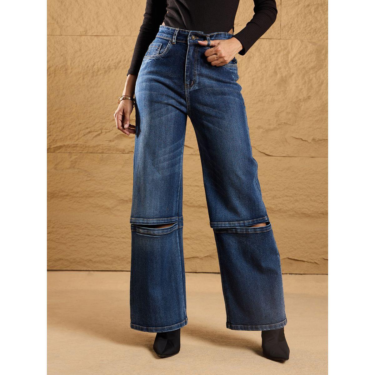 Sassafras X Styli  Dark Wash Knee Slit Straight Fit Jeans-women-clothing-bottoms-jeans-image-1