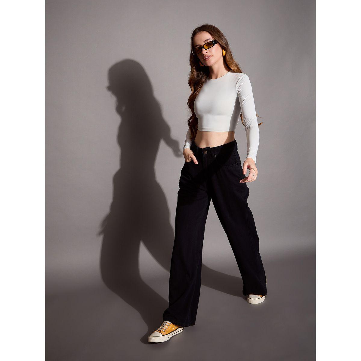جينز بقصة أرجل واسعة وخصر عالي ساسافراس × ستايلي-women-clothing-bottoms-jeans-image-1