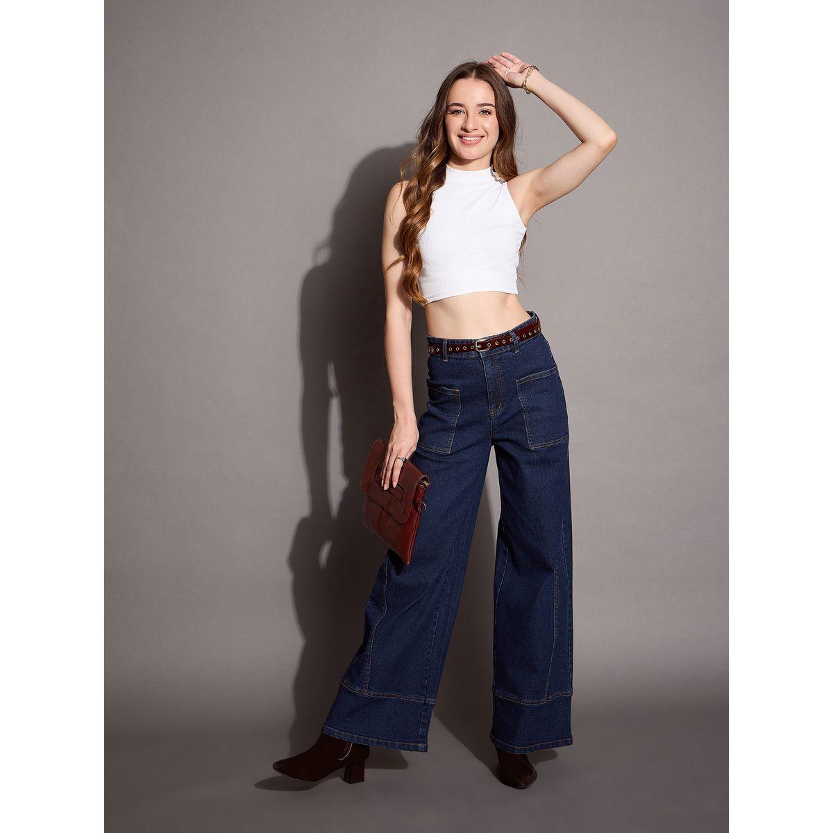 جينز بأرجل واسعة وخصر عالي ساسافراس × ستايلي-women-clothing-bottoms-jeans-image-1