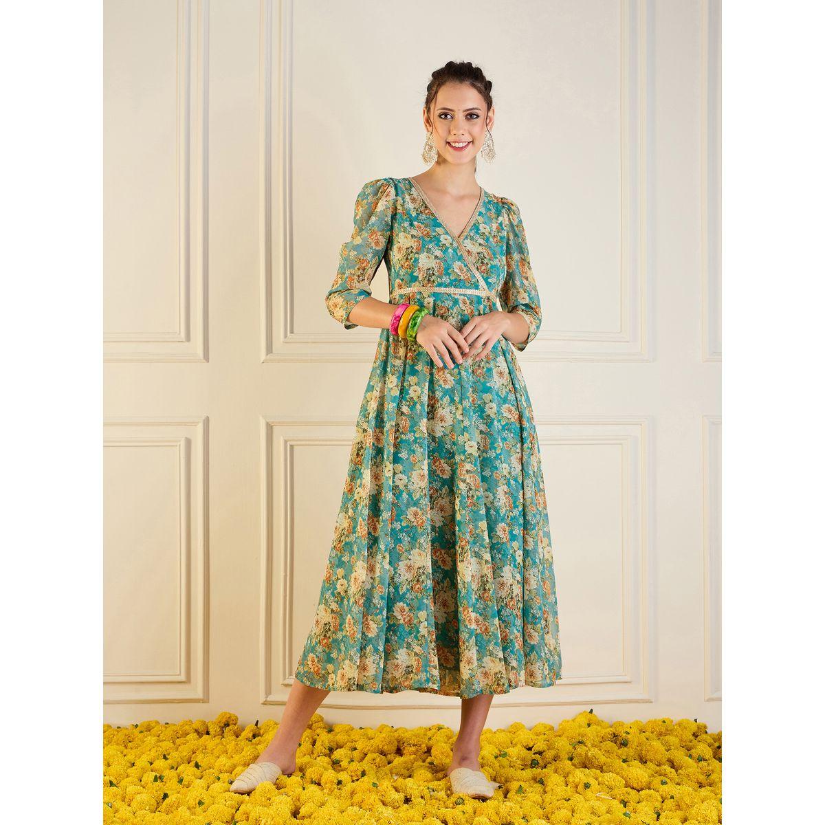 فستان أناركلي طويل مطبع بالكامل بطبعة زهور ساسافراس × ستايلي-women-clothing-ethnicwear-dresses-image-1