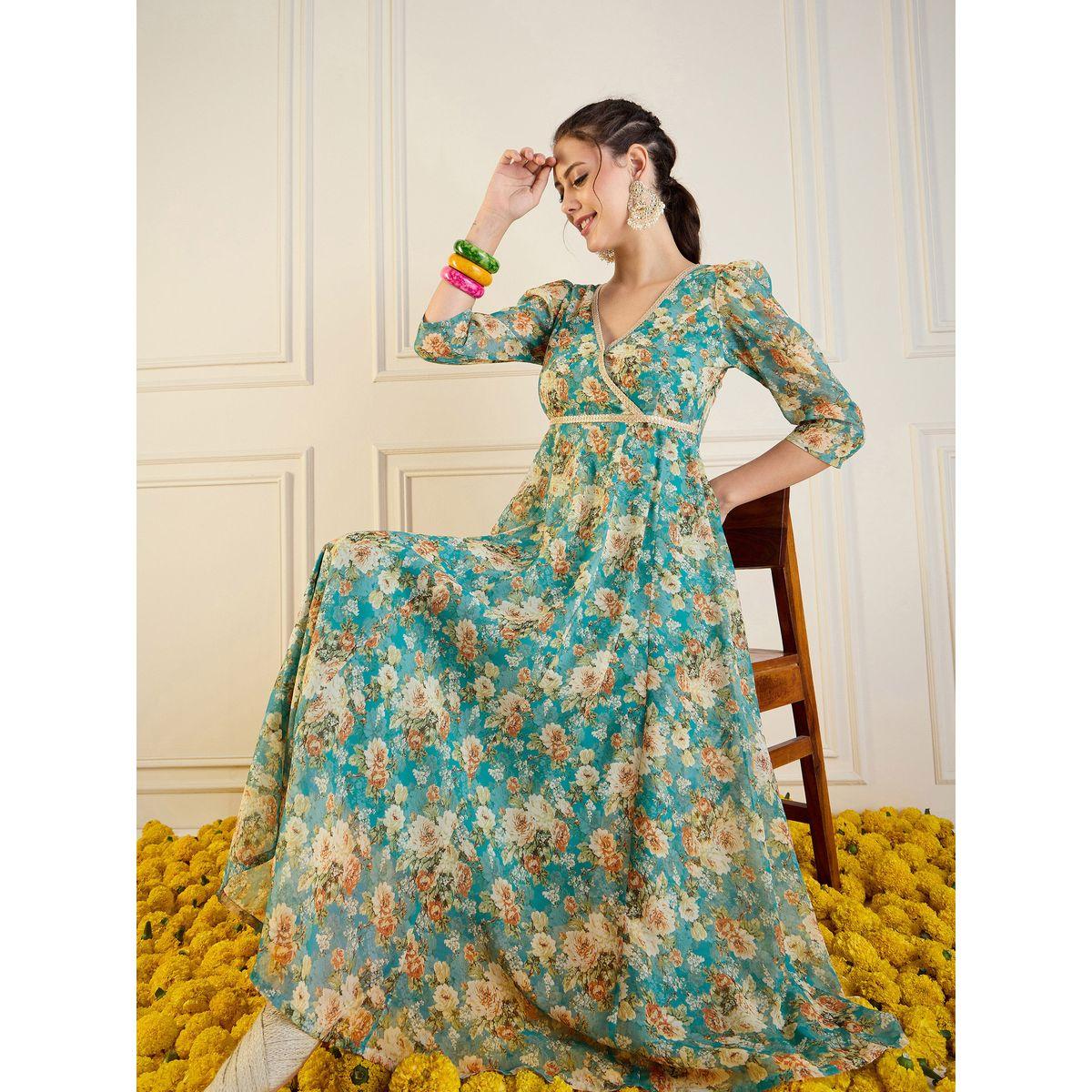 فستان أناركلي طويل مطبع بالكامل بطبعة زهور ساسافراس × ستايلي-women-clothing-ethnicwear-dresses-image-2