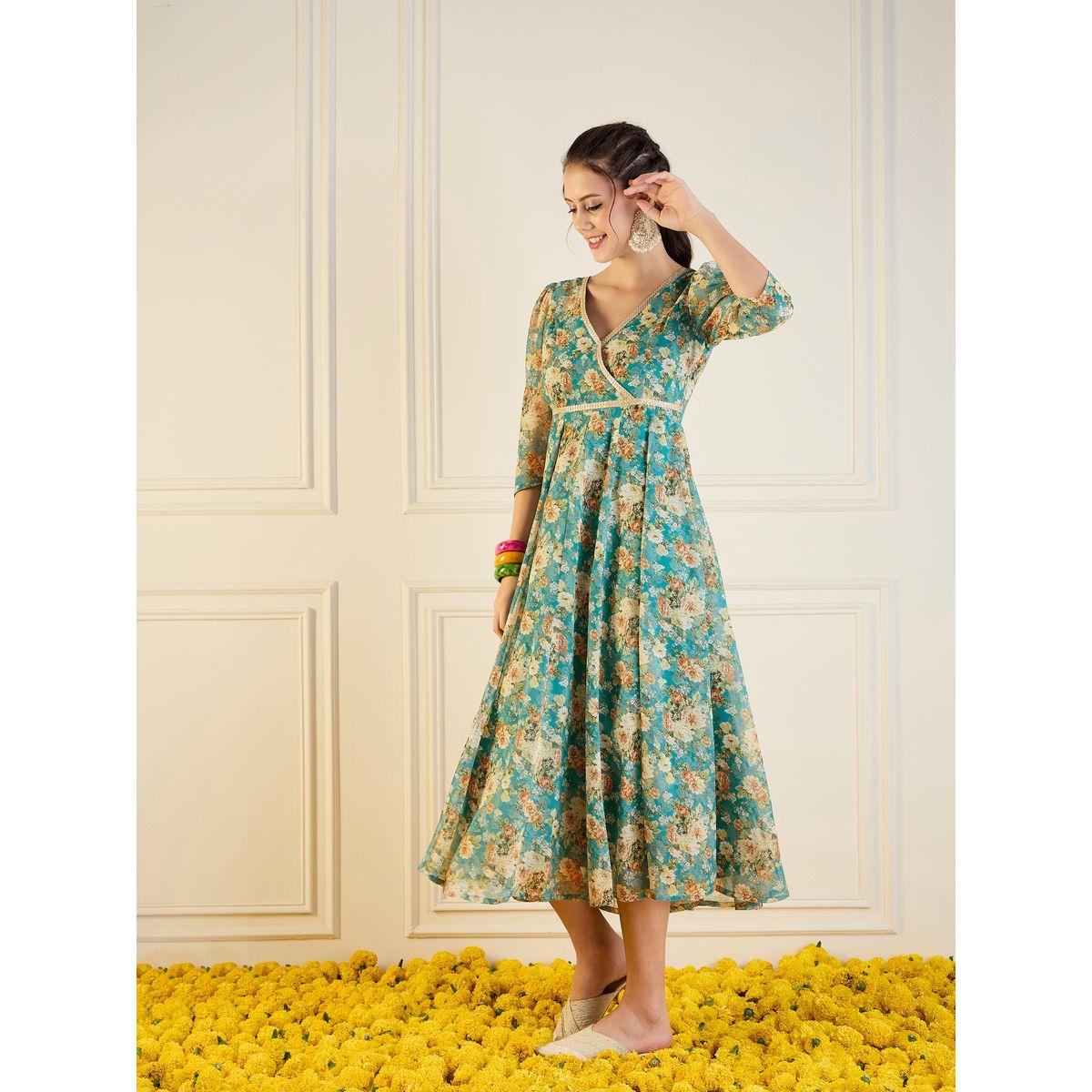 فستان أناركلي طويل مطبع بالكامل بطبعة زهور ساسافراس × ستايلي-women-clothing-ethnicwear-dresses-image-3