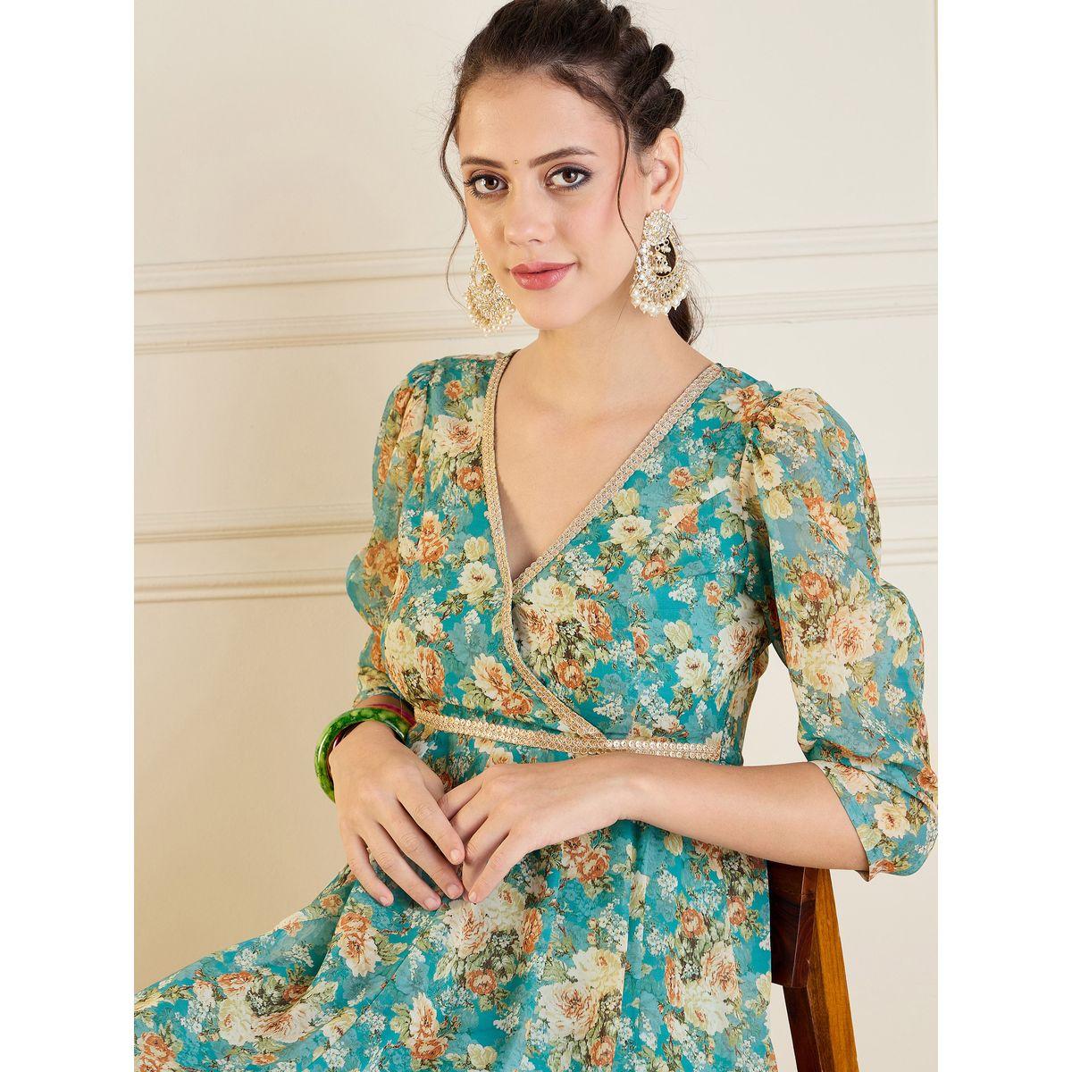 فستان أناركلي طويل مطبع بالكامل بطبعة زهور ساسافراس × ستايلي-women-clothing-ethnicwear-dresses-image-4