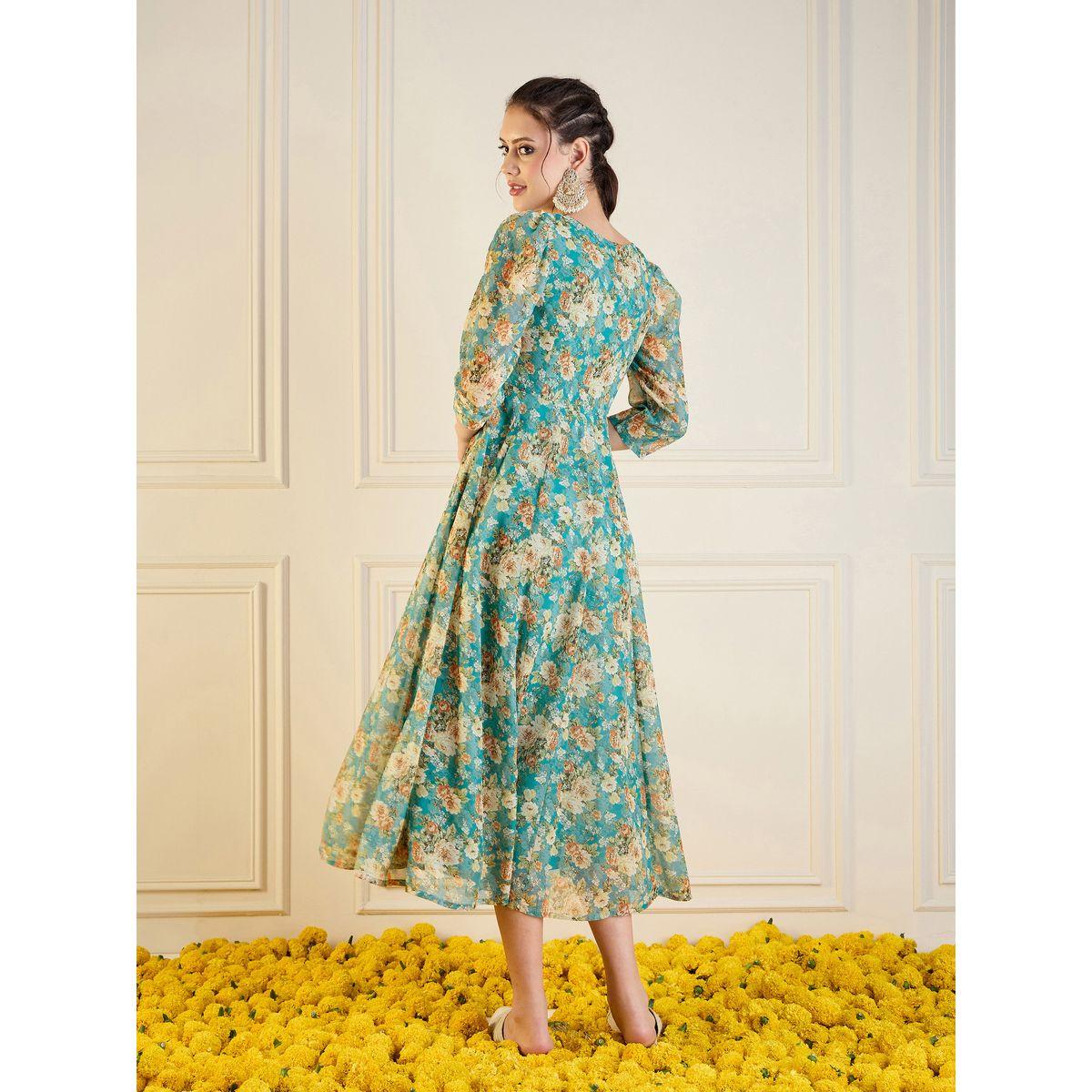 فستان أناركلي طويل مطبع بالكامل بطبعة زهور ساسافراس × ستايلي-women-clothing-ethnicwear-dresses-image-5