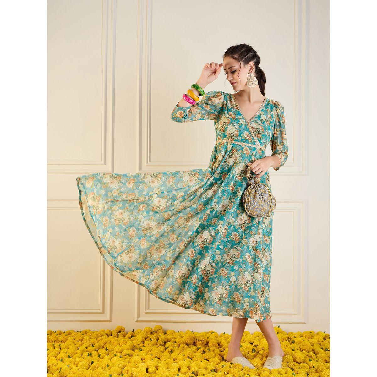 فستان أناركلي طويل مطبع بالكامل بطبعة زهور ساسافراس × ستايلي-women-clothing-ethnicwear-dresses-image-7