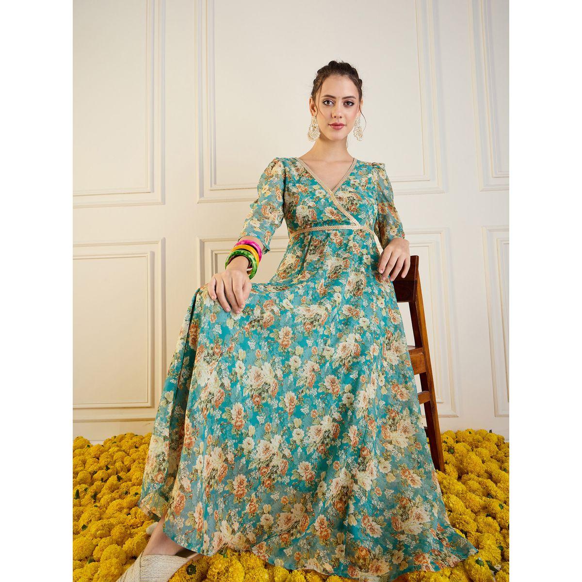 فستان أناركلي طويل مطبع بالكامل بطبعة زهور ساسافراس × ستايلي-women-clothing-ethnicwear-dresses-image-8