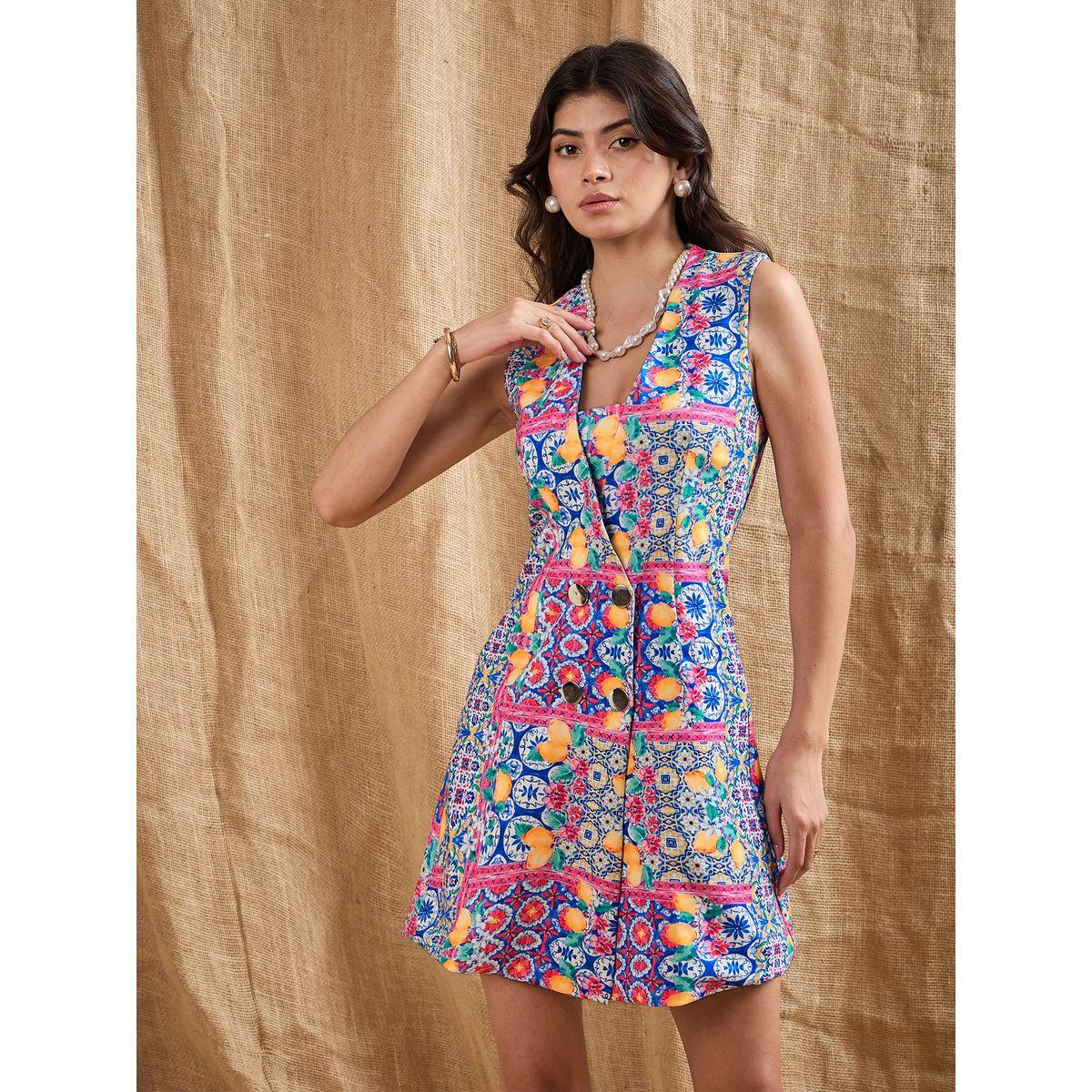 فستان بتصميم بليزر مطبع بالكامل وبلا أكمام ساسافراس × ستايلي-women-clothing-dresses-image-1