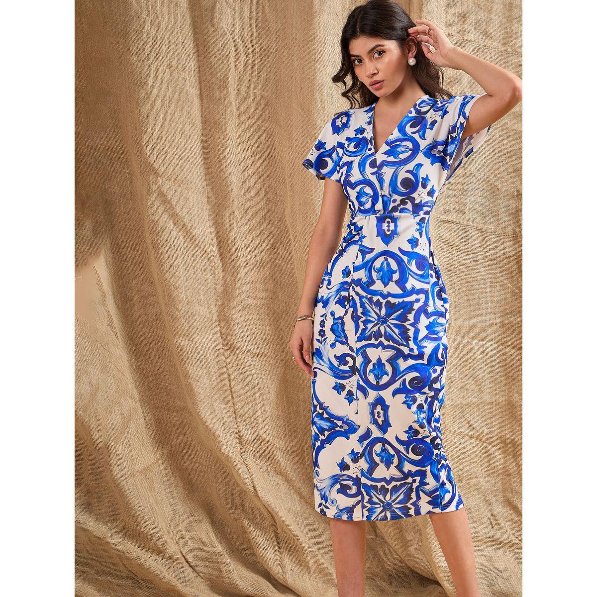 Sassafras X Styli  All Over Print V Neck Sheath Midi Dress-women-clothing-dresses-image-7