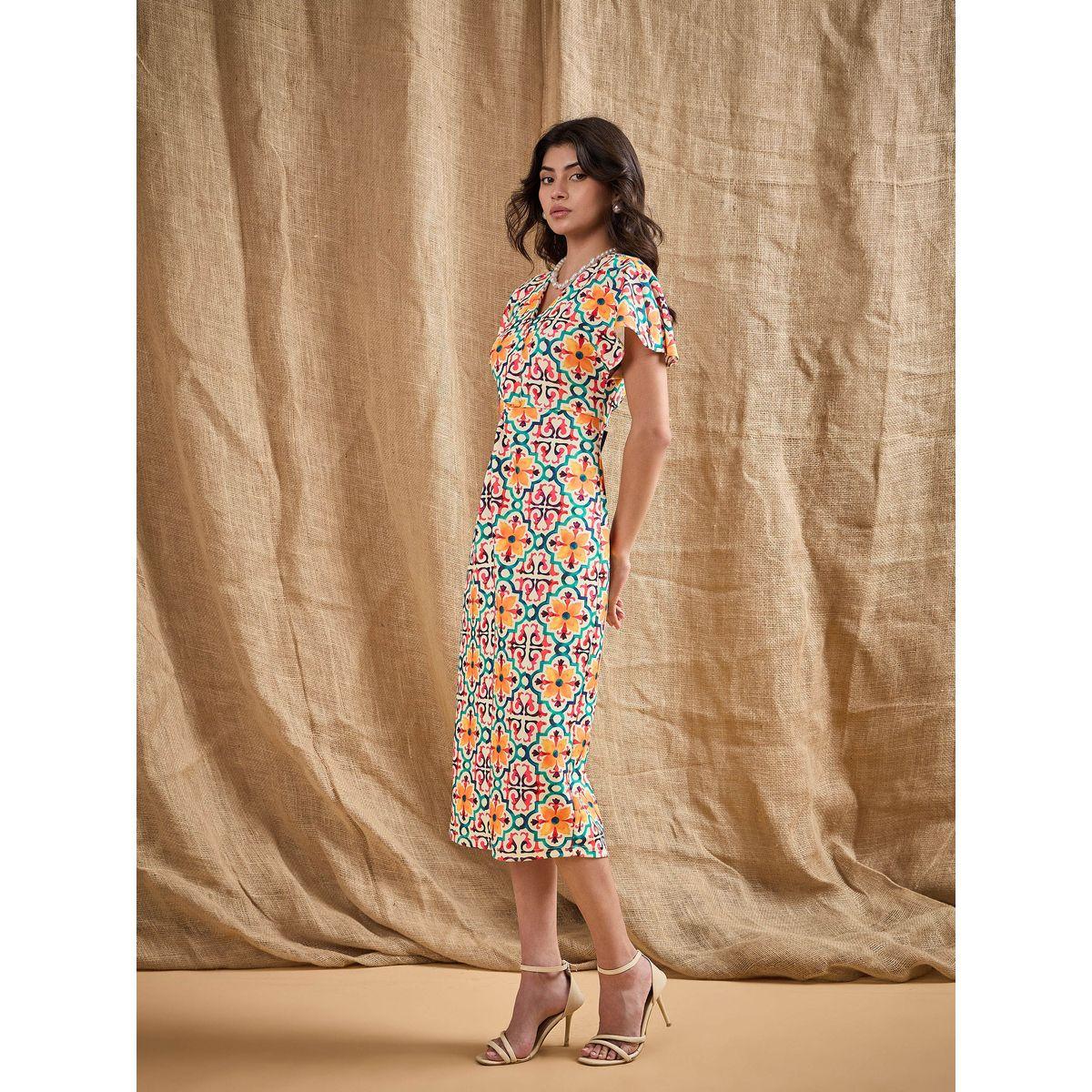 Sassafras X Styli  All Over Print V Neck Sheath Midi Dress-women-clothing-dresses-image-3