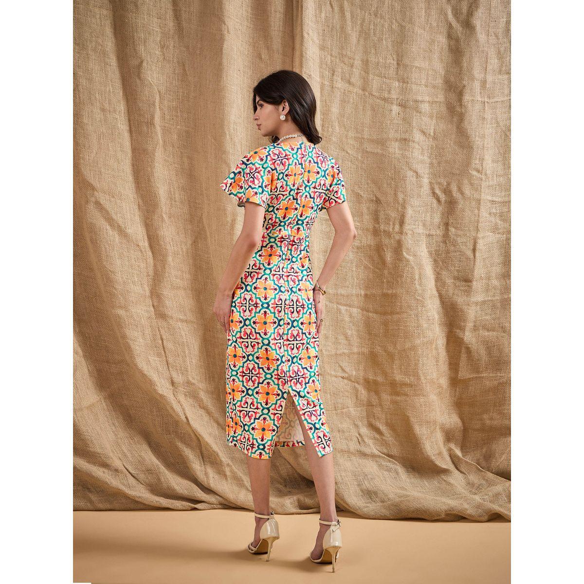Sassafras X Styli  All Over Print V Neck Sheath Midi Dress-women-clothing-dresses-image-5