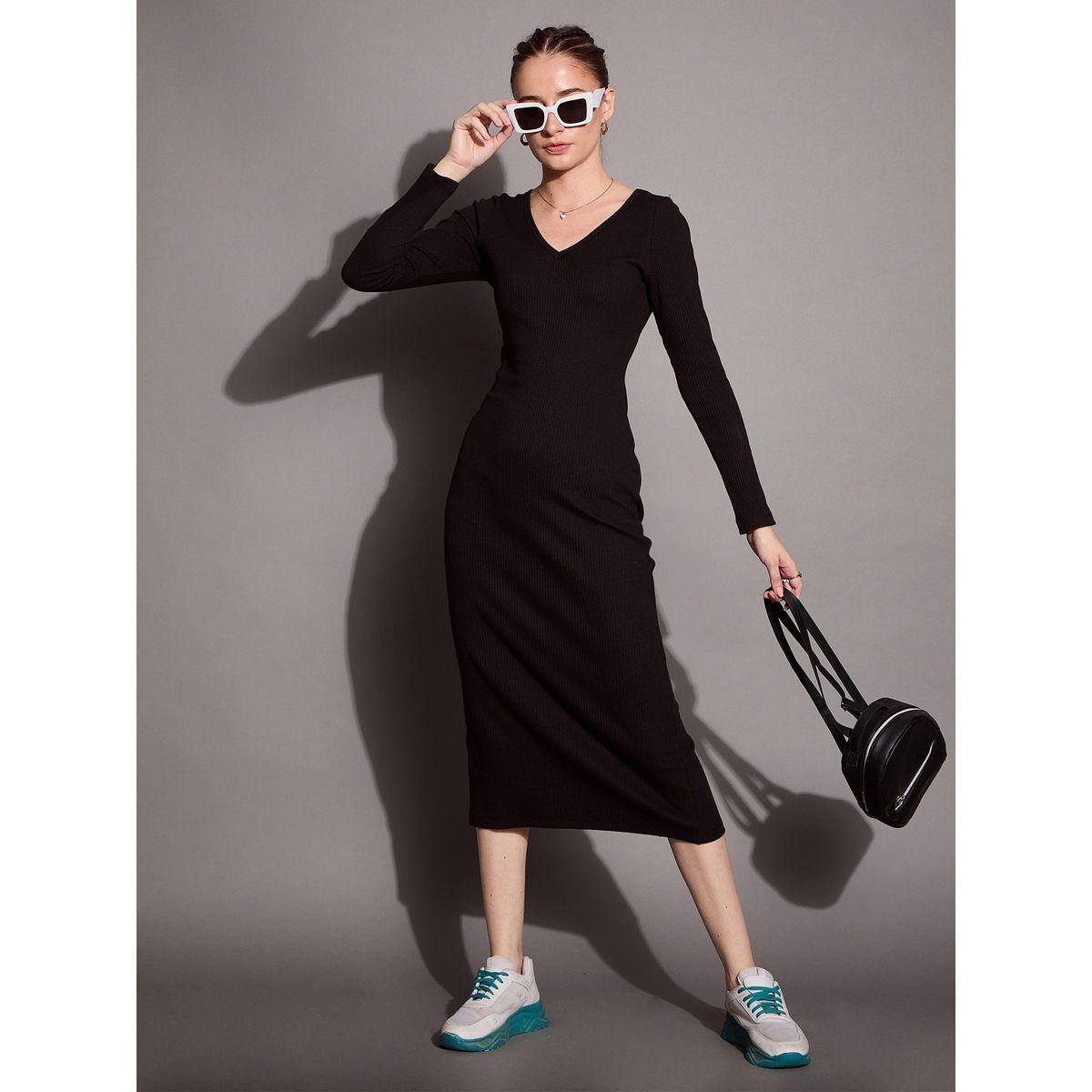 Sassafras X Styli  Ribbed V Neck Bodycon Midi Dress-women-clothing-dresses-image-1